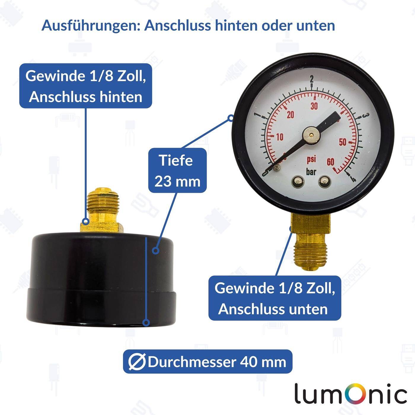 Pressure gauge 0-10bar 1/8 Customs Class 2.5 Rear connection Diameter 40mm Pressure gauge for compressed air and water
