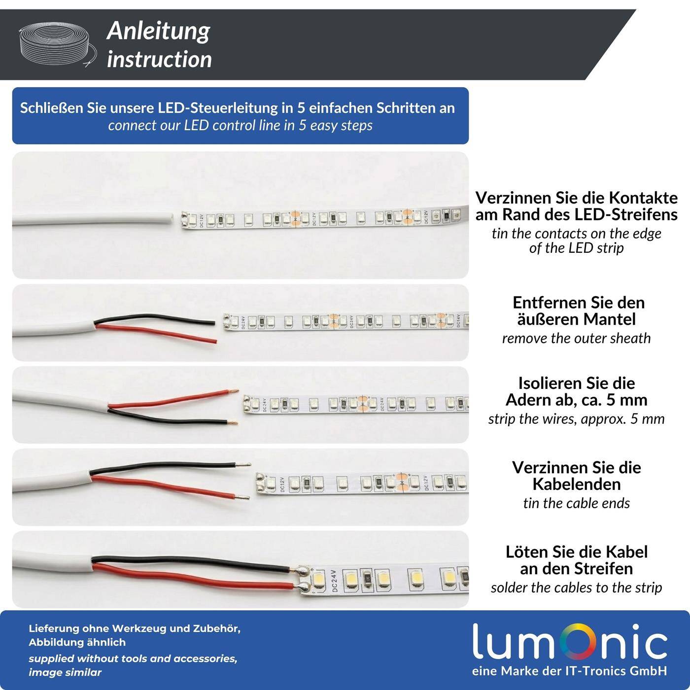 Lumonic 2x0,34mm² LED Control line  1m | sheathed 2-core flexible cable | LiYY Extension, Power cable, LED supply line, Control cable