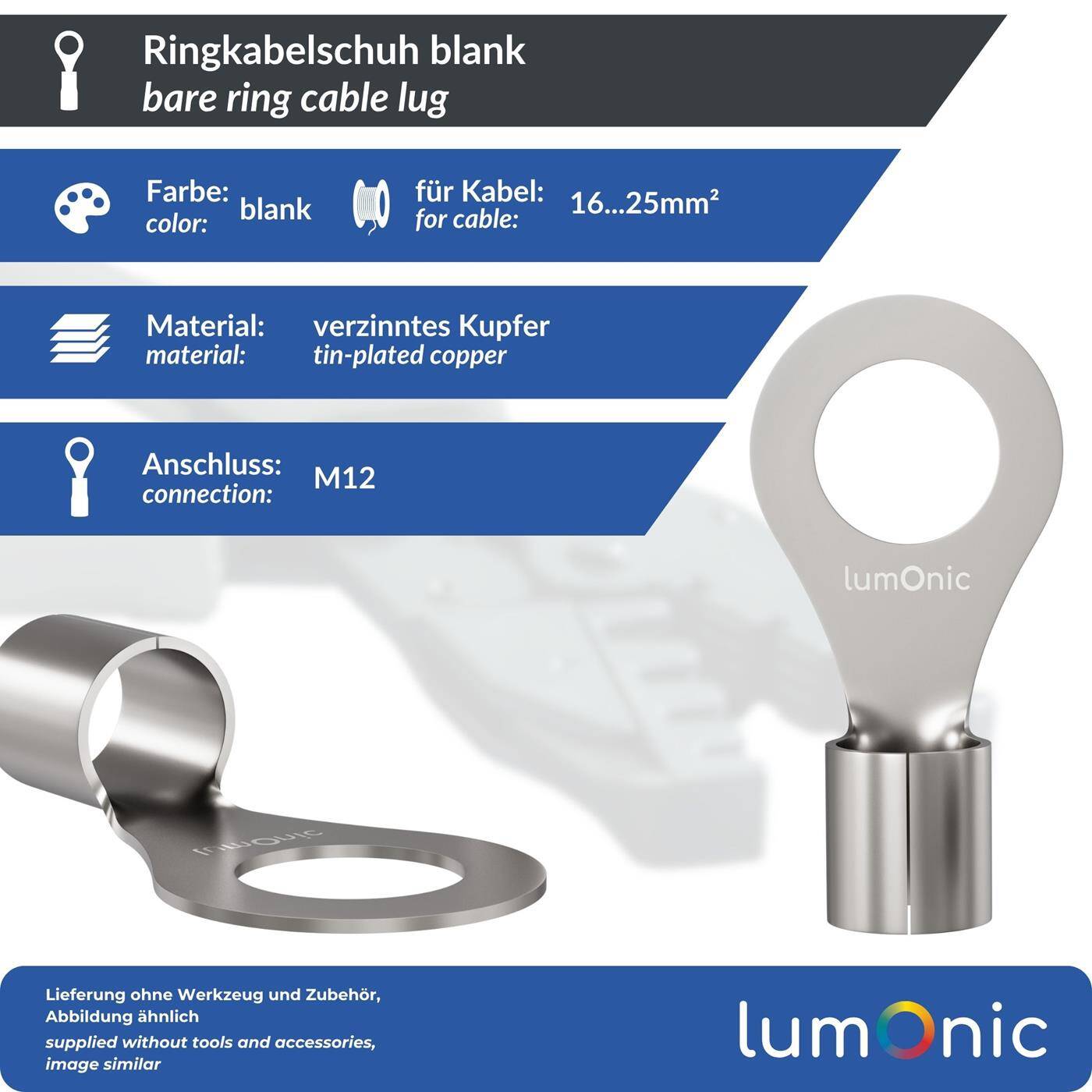 Lumonic 25x Ring cable lug 16-25mm² blank | M12 | Tinned copper | Secure cable connection without soldering | Crimp cable lug uninsulated | Motor vehicle, mechanical engineering, motorhome, battery