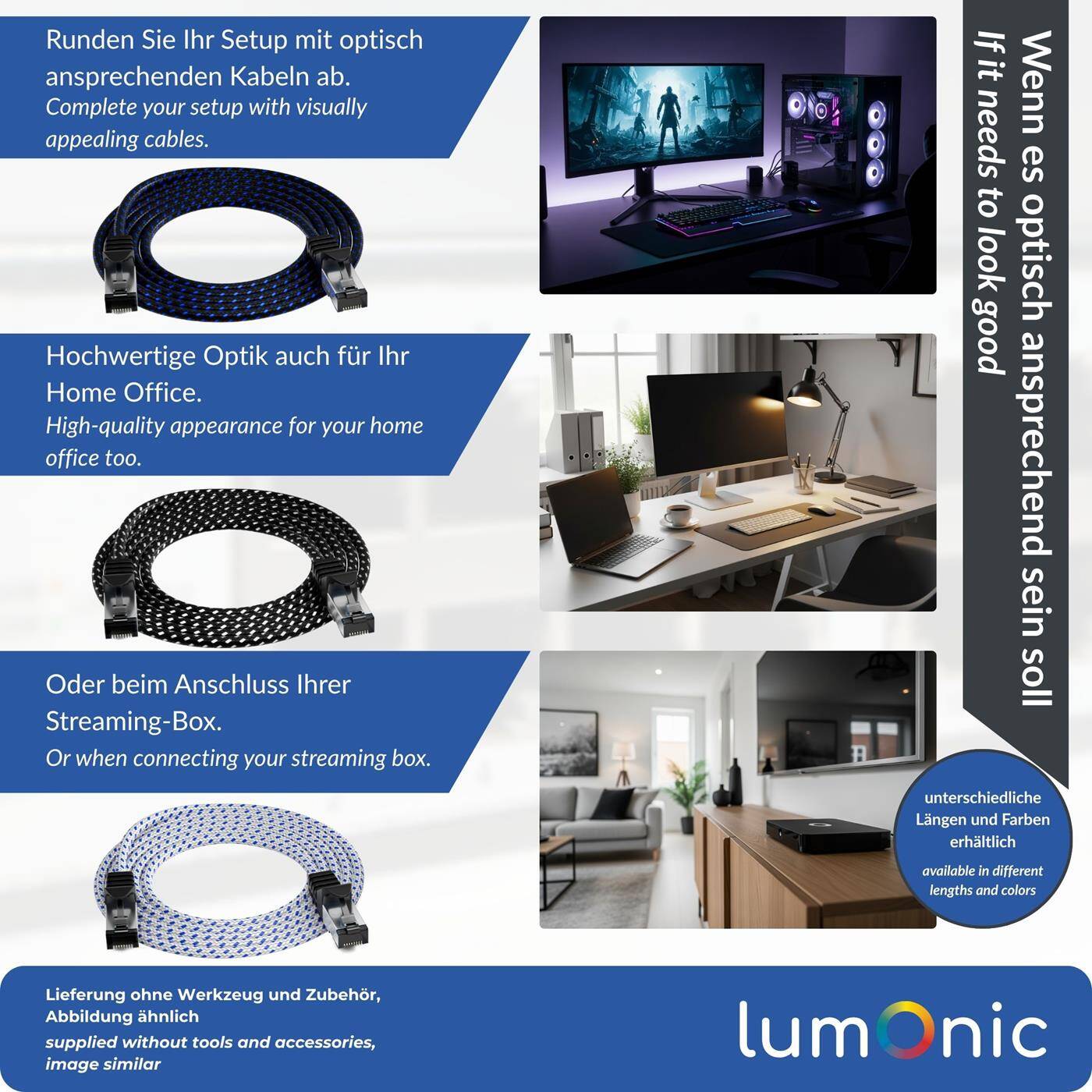 Lumonic CAT7 Patch Cable S/FTP 0,5m | RJ45 | Black Blue Premium nylon look | Ethernet LAN | Network cable