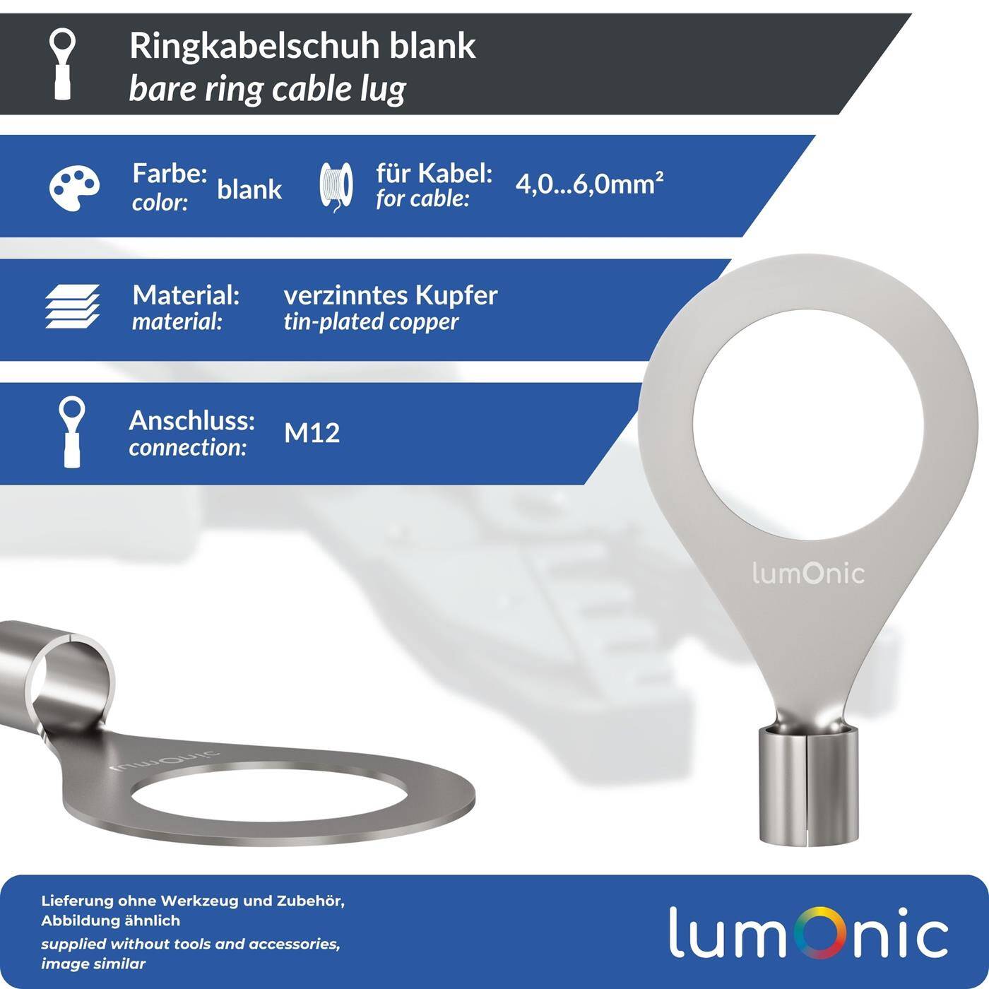 Lumonic 25x Ring cable lug 4,0-6,0mm² blank | M12 | Tinned copper | Secure cable connection without soldering | Crimp cable lug uninsulated | Motor vehicle, mechanical engineering, motorhome, battery