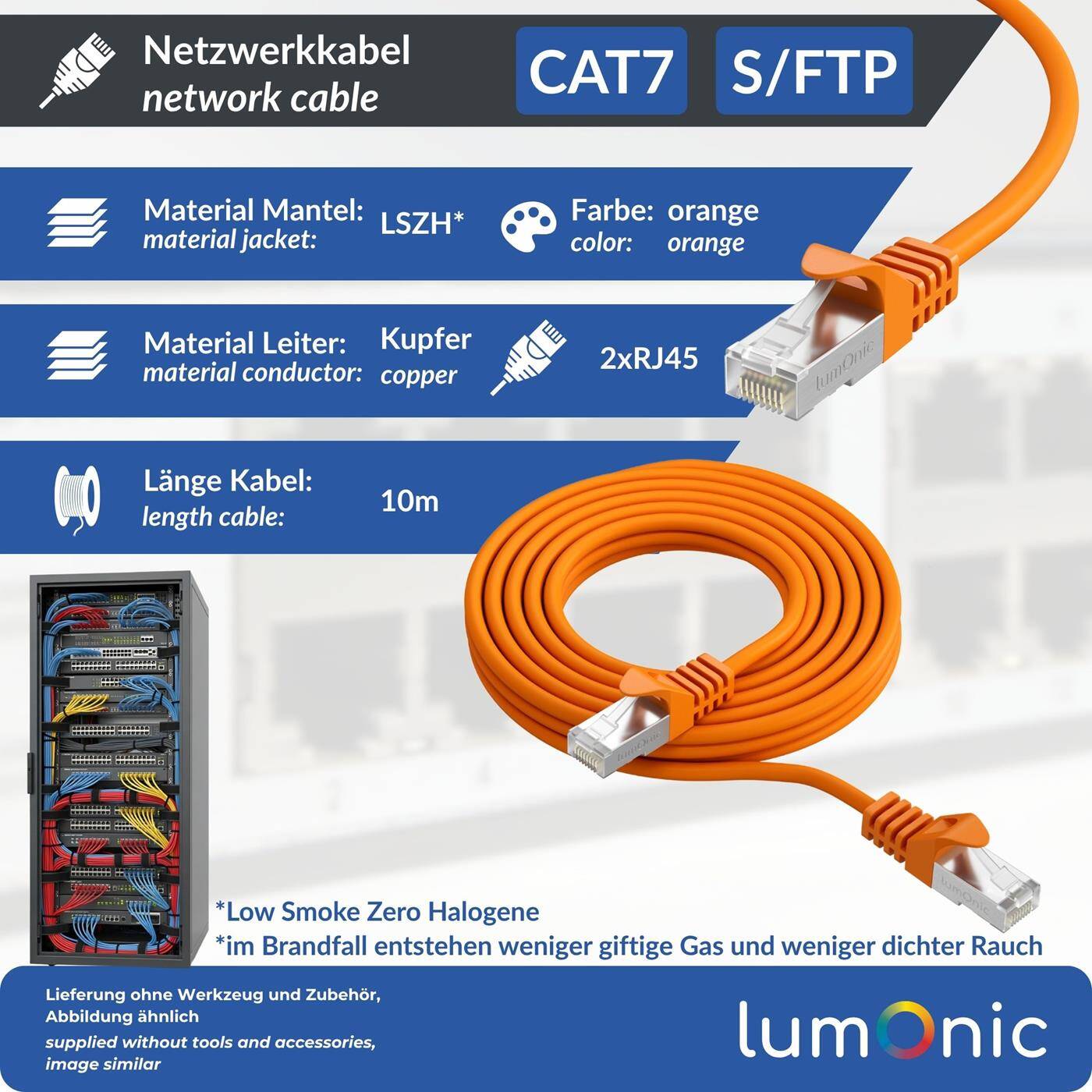 10m CAT7 Patch Cable S/FTP RJ45 Orange Ethernet LAN Network cable