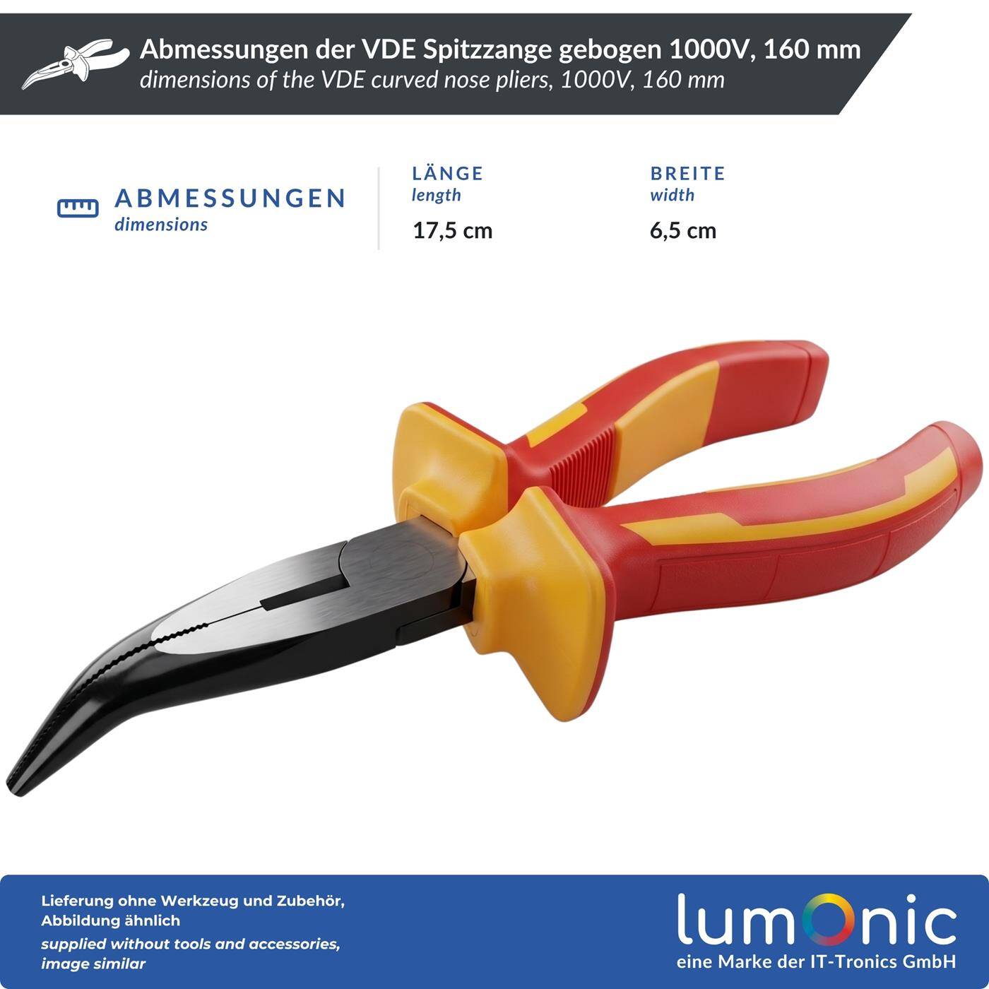 Lumonic VDE Curved Nose Pliers, 1000 V, 160 mm — Angled tips for tight spaces, 60CrV steel, two-component handle, for distribution panels and control cabinets