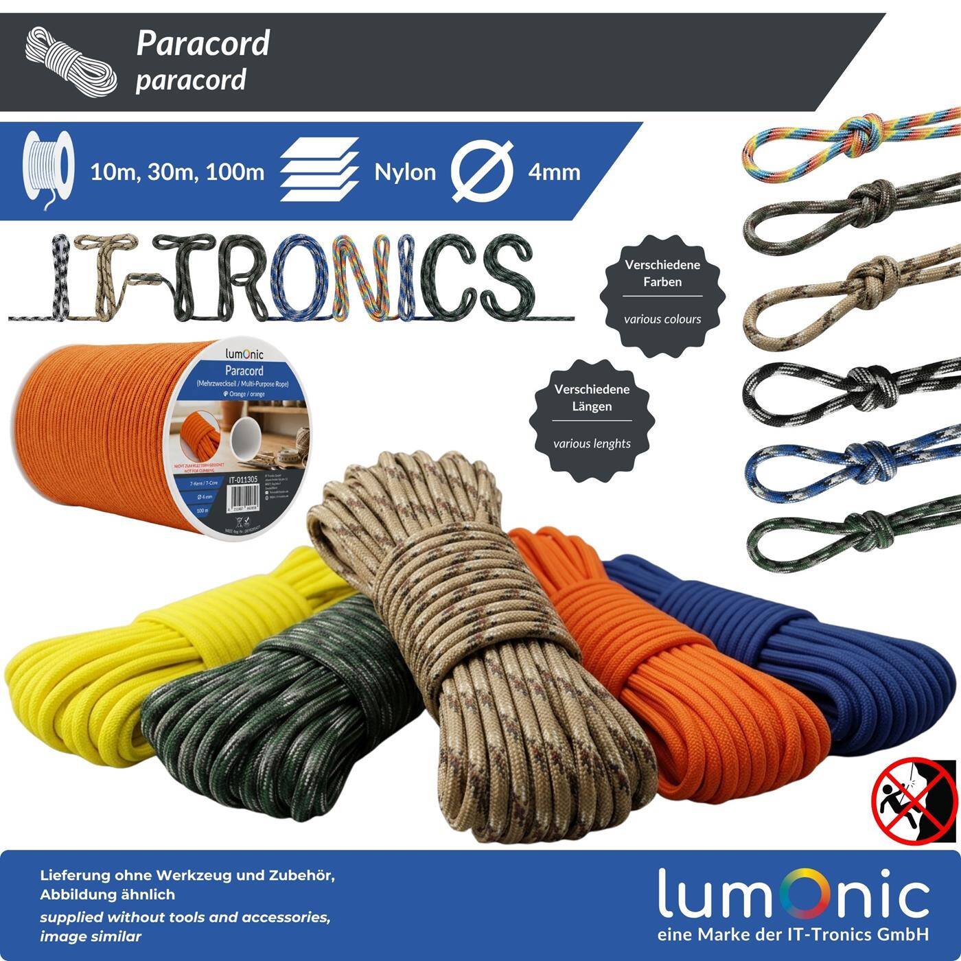 Lumonic 10m Paracord 4mm Navy blue | 100% nylon | 7 cores, 32 strand sheath | Max. 125 kg load capacity | dog leash, bracelet, outdoor, bushcraft, tent cord