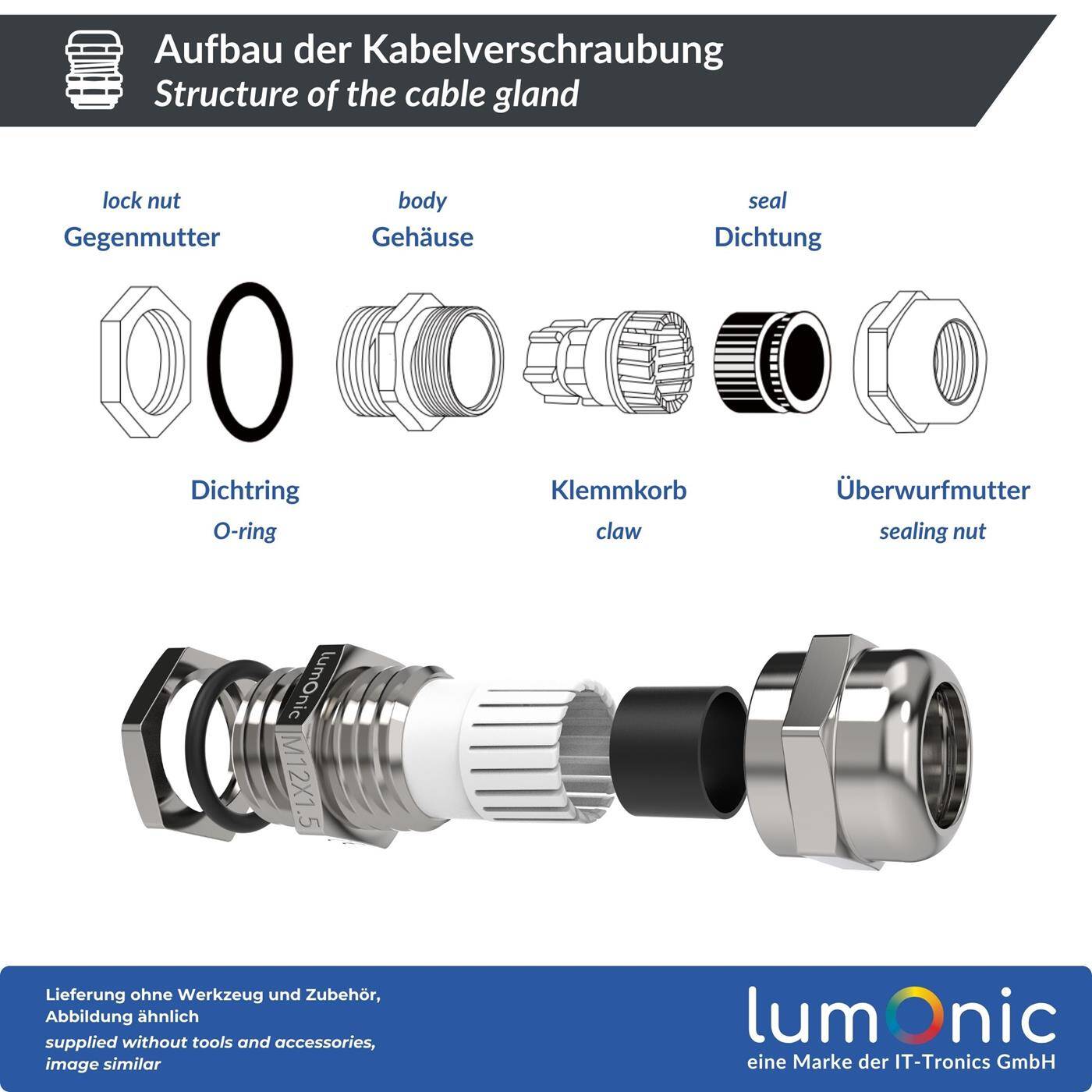 Lumonic Set of 5 metal cable glands M12 | Clamping range 4-8mm | IP68 | with locknut | Nickel-plated brass, EMC | -40...+100°C | corresponds to PG7