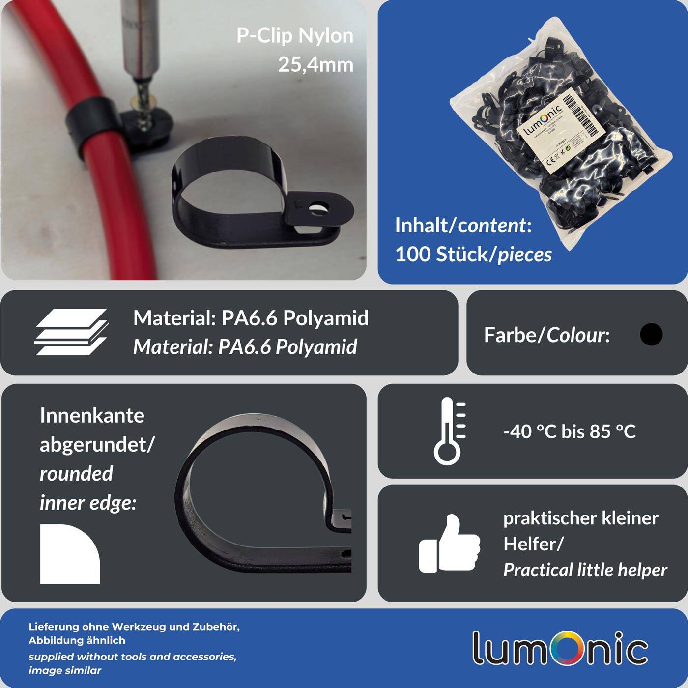 Lumonic Kabelclip Set 100x P-Clip I Perfekt geeignet für Kabel mit 25,4mm Durchmesser 1" I Auch als: Kabelschelle, Kabelhalter und Chassisklemmen einsetzbar