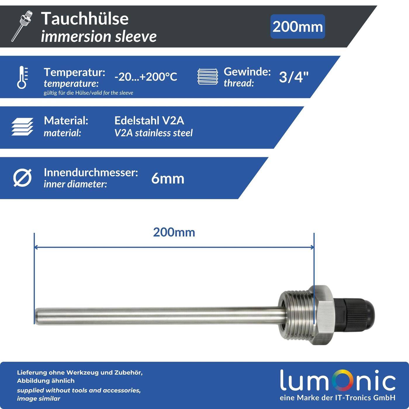 Lumonic Tauchhülse V2A Edelstahl 3/4 Zoll | 200mm Einbaulänge | passgenau für 6mm Temperaturfühler | für Pufferspeicher, Heizung, Solar + Smart Home