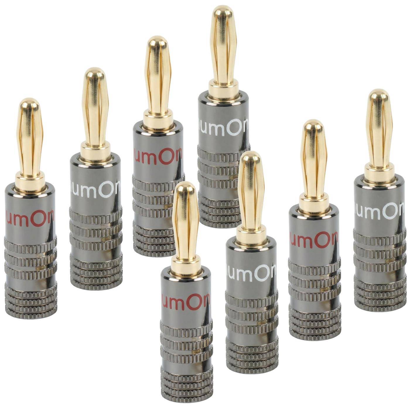 Set of 8 HiFi banana plugs gray, straight, screwable, gold-plated 4mm contacts, for 0.75mm²...4.0mm², Metal housing, for amplifier, loudspeaker, surround system