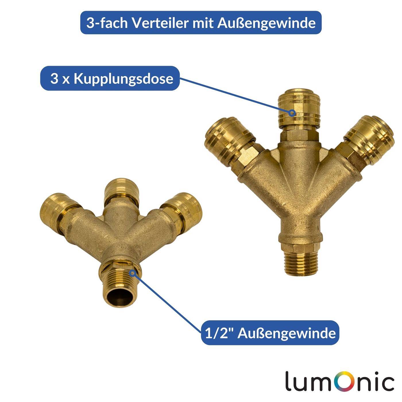 Lumonic I Compressed air distributor 3-fold I with external thread 1/2" I made of brass I Compressed air distributor I Compressed air diverter I Quick coupling I Multiple distributor I for workshops, businesses and DIY enthusiasts