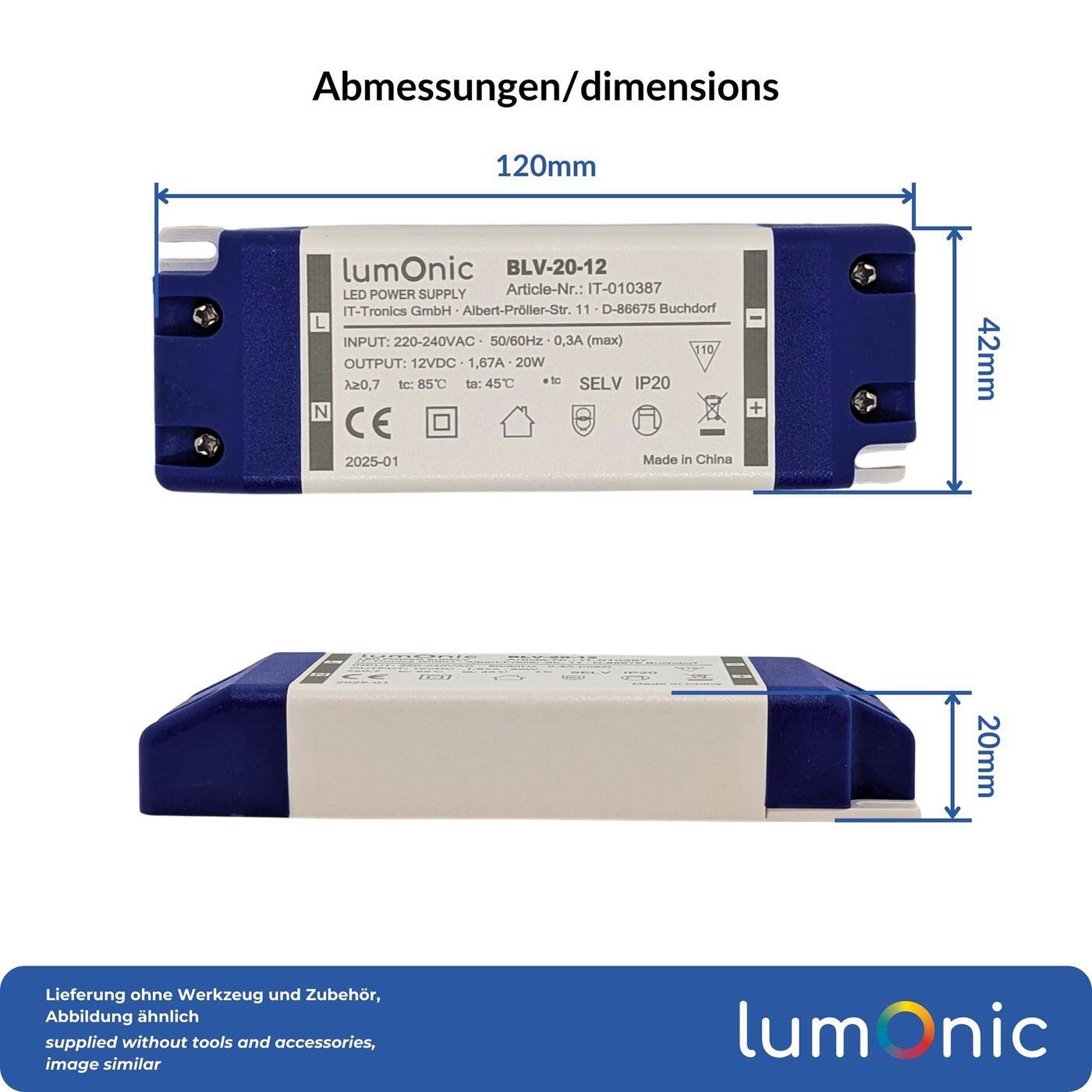 Lumonic I LED transformer BLV-20-12 I 12V 20W I Input 220-230VAC I flicker-free I Overload protection I LED power supply unit I for LED lighting