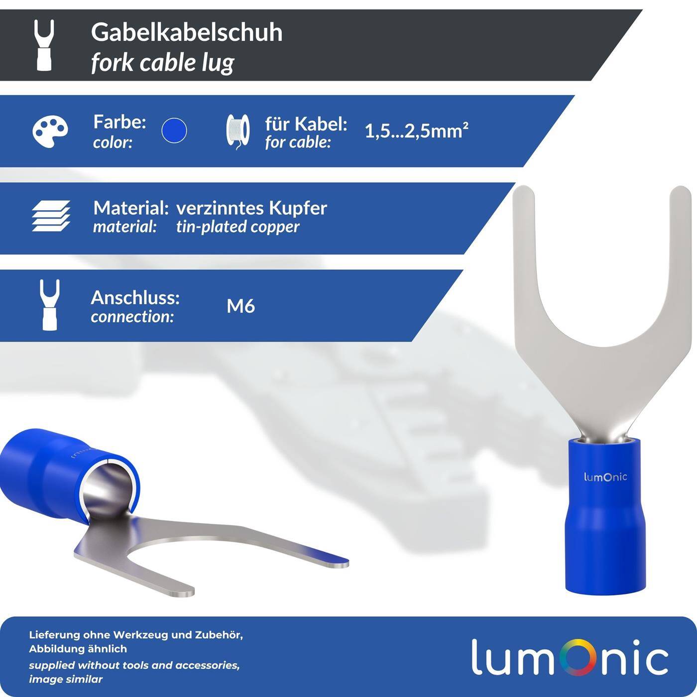 Lumonic 25x Forked cable lug 1,5-2,5mm² Partially insulated | M6 | Tinned copper | Secure cable connection without soldering | Set of 25 crimp cable lugs, crimp connectors | Motor vehicle, mechanical engineering, motorhome, battery