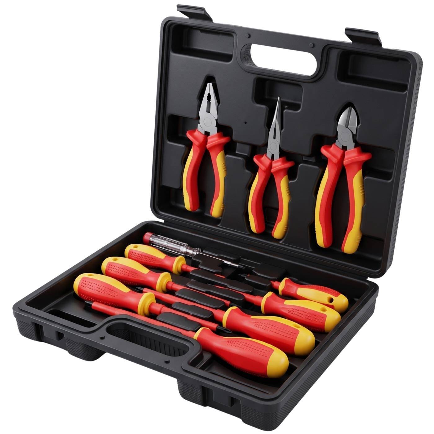 Lumonic VDE 12-Piece 1000V Tool Set in a Case—3 pliers, 7 screwdrivers, 250V voltage tester, plastic case, for electricians and home wiring projects