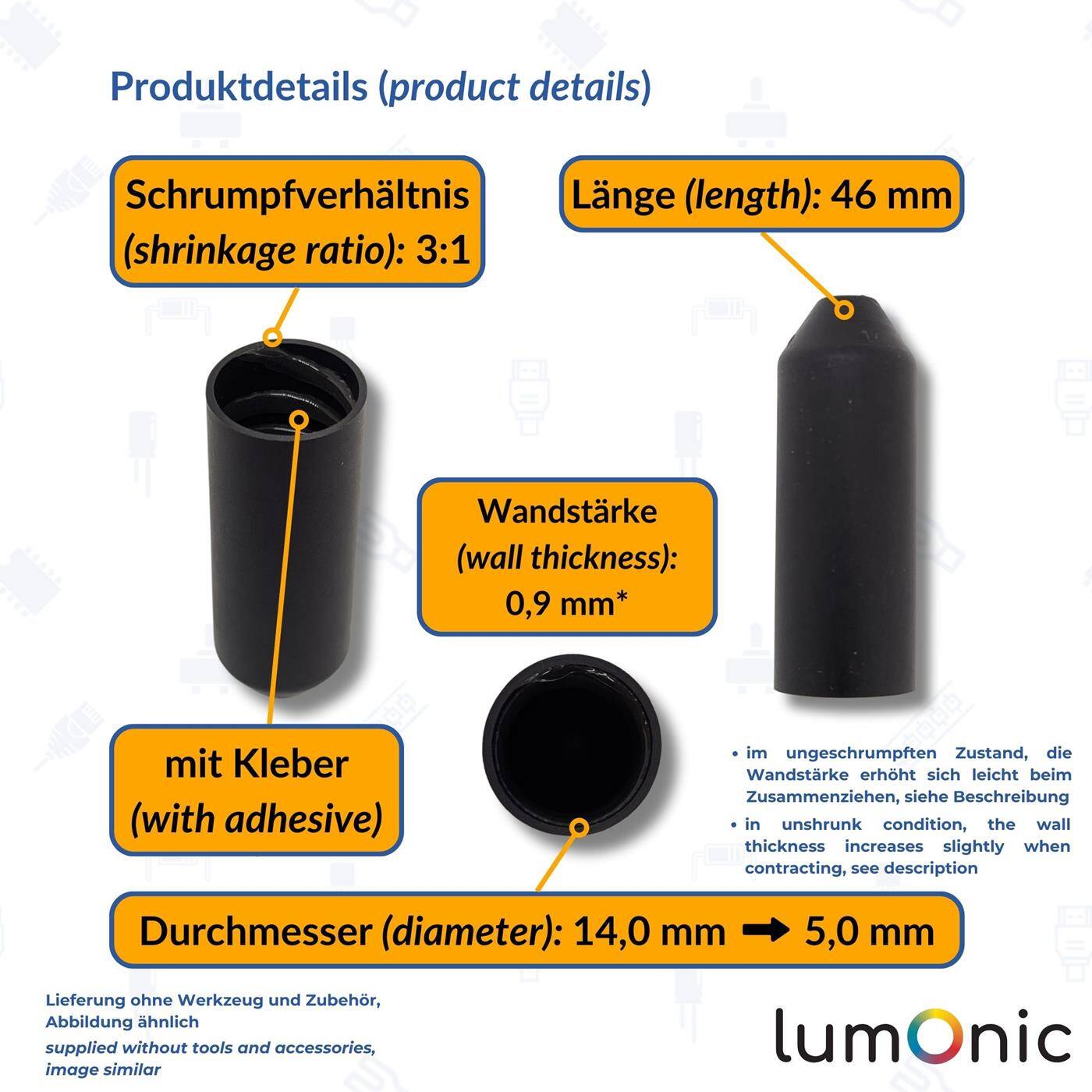 1 Stück Warmschrumpf Endkappe mit Kleber I 14 -> 5mm I schwarz I Verhältnis 3:1 I vernetztes Polyolefin I Schrumpfkappe I für Kabel, Rohre und Seile