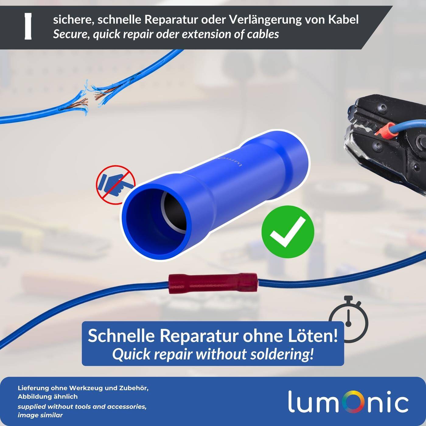 Lumonic 25x Butt connector fully insulated | 1,5-2,5mm² Blue | Quick cable repair without soldering | Vibration-resistant crimp connectors | Crimp connector made of tinned copper
