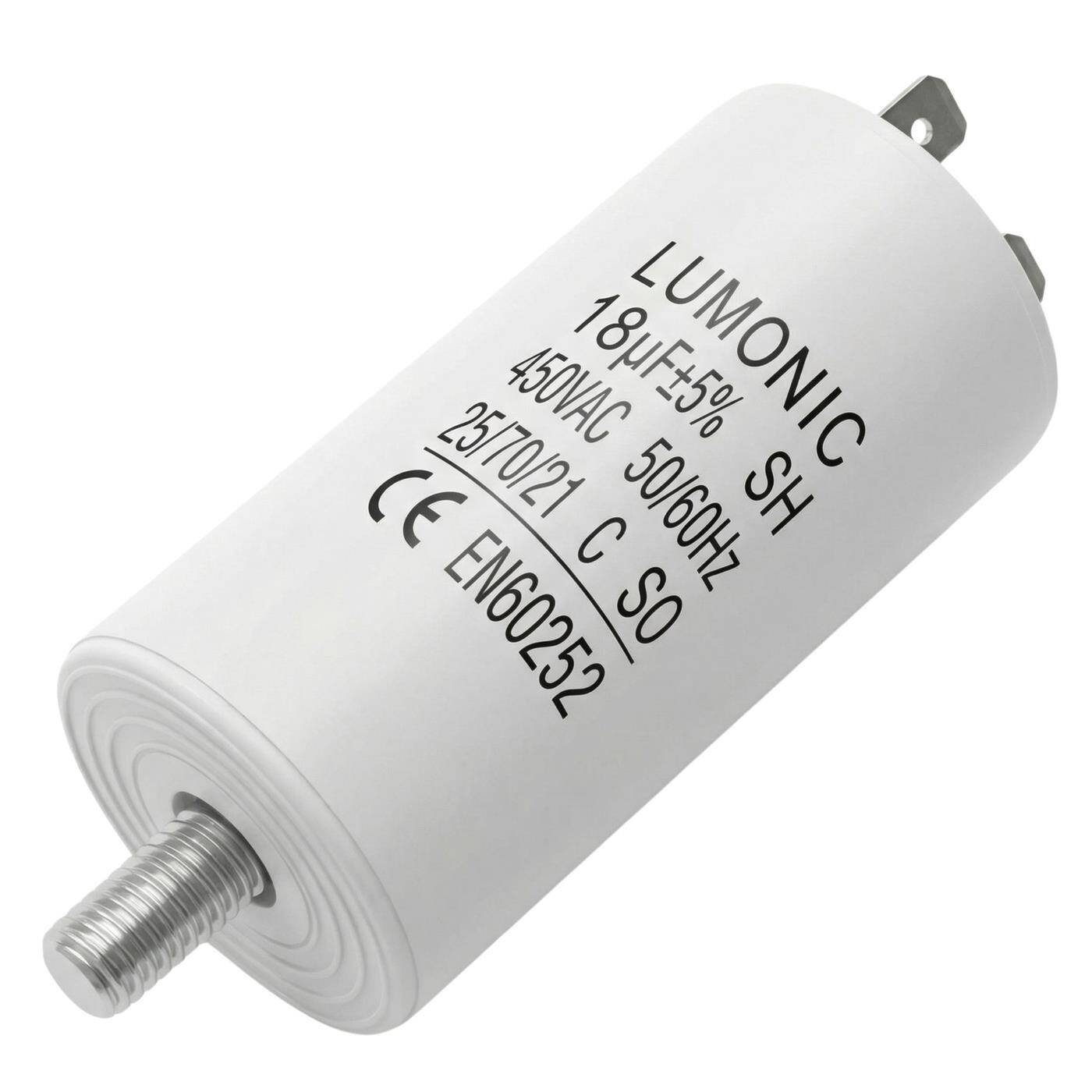 Lumonic Anlaufkondensator 18µF 450V | mit Stecker I 34x70mm I 18uF I Motorkondensator mit Kunststoffgehäuse I Betriebskondensator I für Pumpen, Rasenmäher, Werkzeuge