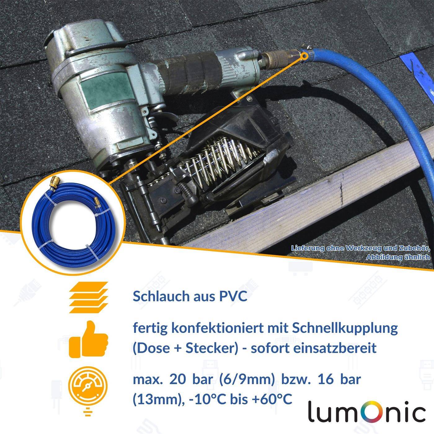 50m Druckluftschlauch mit Schnellkupplung 13mm PVC Druckluftverlängerung Dose & Stecker fertig konfektioniert flexibel, abriebfest und gewebeverstärkt 50m Druckluftschlauch mit Schnellkupplung 13mm PVC Druckluftverlängerung Dose & Stecker fertig konfektioniert flexibel, abriebfest und gewebeverstärkt