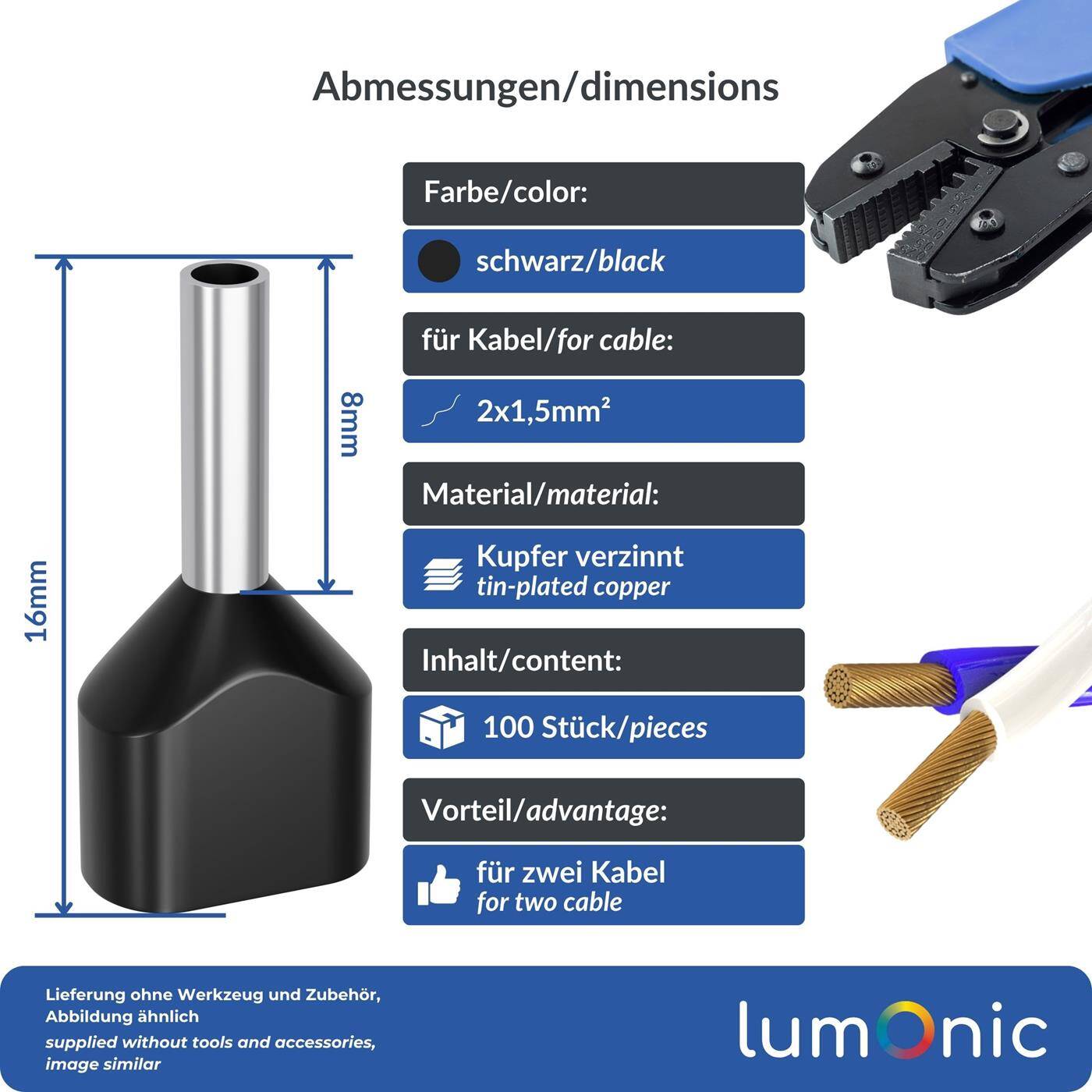 100x Twin Aderendhülse isoliert 2x 1,5mm² Schwarz Kupfer verzinnt 2,2x8mm Hülse