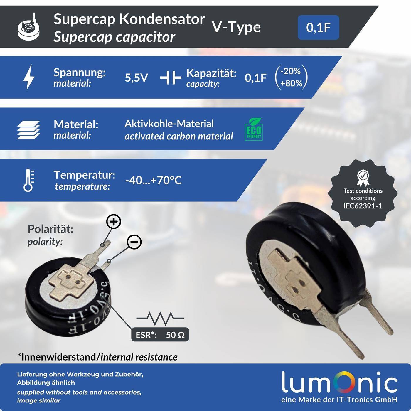 Lumonic Supercap 0,1F 5,5V V-Type | EDLC for direct use, high capacity | 5.5V monoblock - no balancing necessary | Flicker protection, backup, PLC, heating