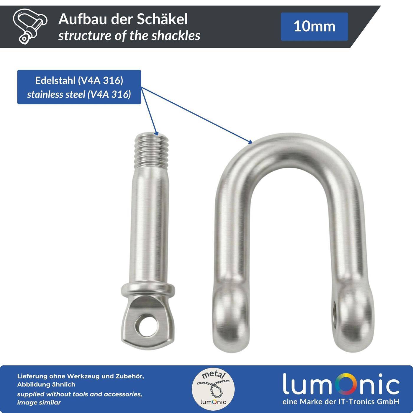 Lumonic Shackle V4A stainless steel | 10mm | Stainless + seawater resistant | Smooth-running thread | D-shackle for hammock, awning, rigging, chains
