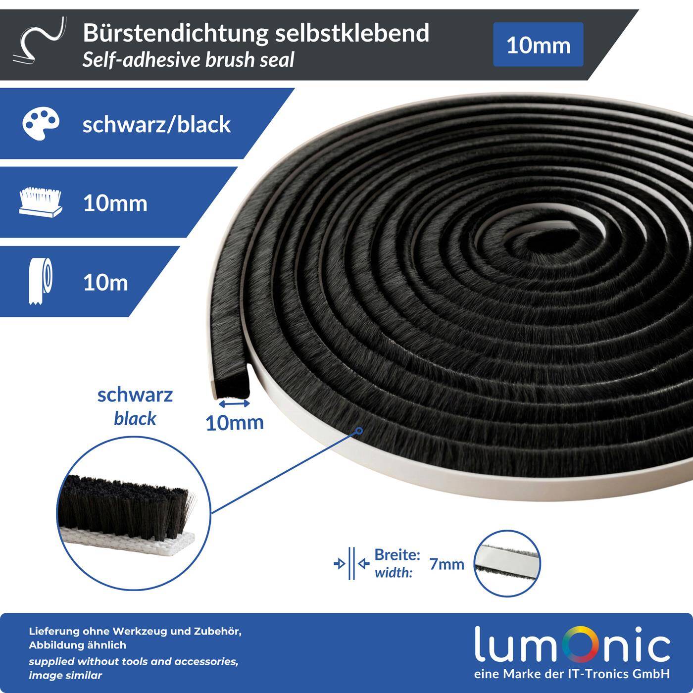 Lumonic 10m Brush seal black 10mm | Self-adhesive + Can be cut to size | Draught excluder, cold protection, insect screen for windows, doors, cupboards