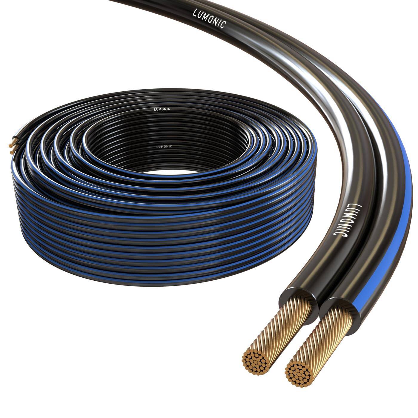 Lumonic Lautsprecherkabel | 50m Schwarz | 2x 1,5mm² CCA | blaue Markierung HiFi Boxenkabel | Audio Zwillingsleitung