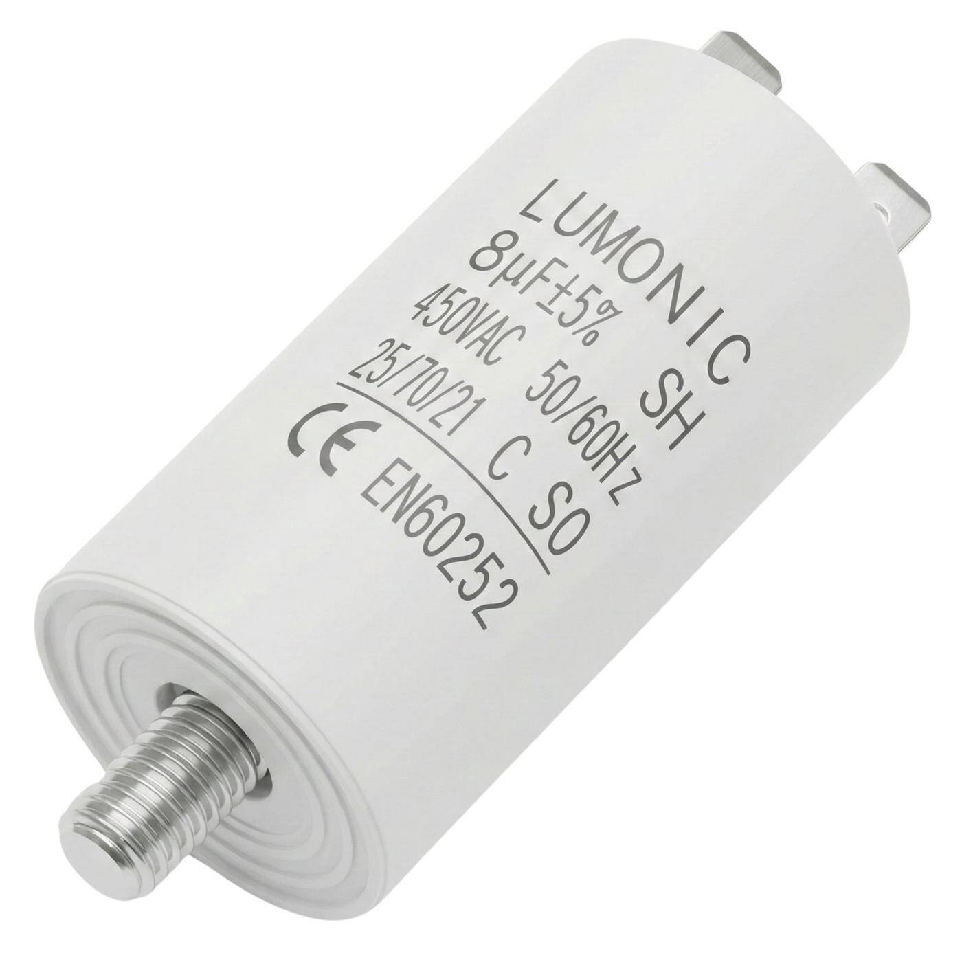 Lumonic Anlaufkondensator 8µF 450V | mit Stecker I 30x60mm I 8uF I Motorkondensator mit Kunststoffgehäuse I Betriebskondensator I für Pumpen, Rasenmäher, Werkzeuge