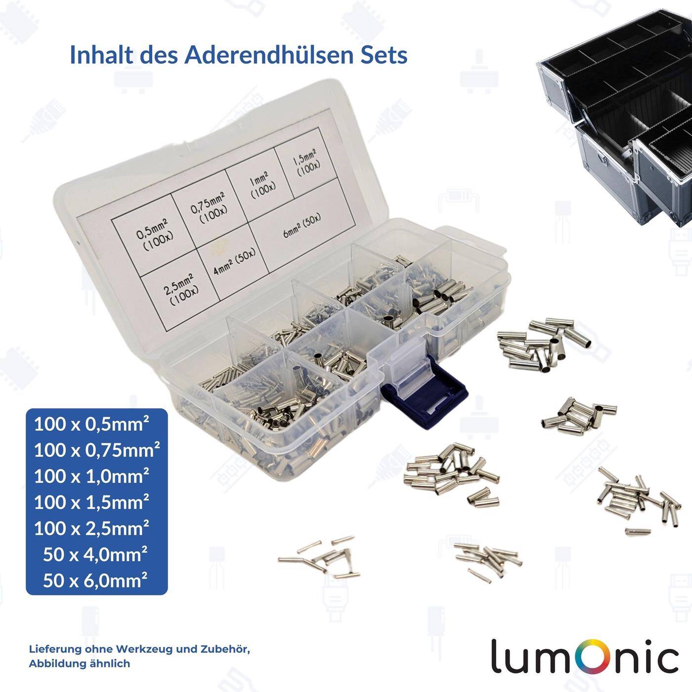 Lumonic I Bare wire end ferrules set I 0,5 bis 6,0mm² I 600 parts I Wire end ferrules assortment uninsulated I Ideal for electricians