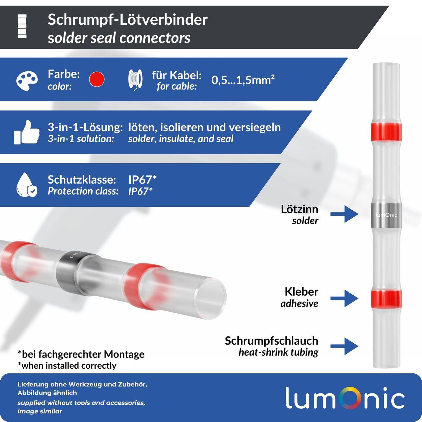 Lumonic 10x Schrumpf Lötverbinder  mit Schrumpfschlauch | 0,5-1,5mm² | Rot | WarmSchrumpf Kabelverbinder | Wasserdicht IP67 | Kabel Reparatur