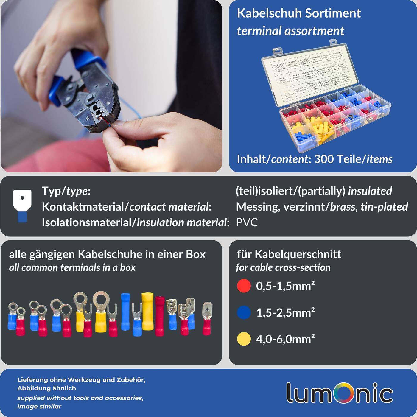 Lumonic I 300-piece cable lug set I Ring cable lug, fork cable lug, butt connector, blade receptacle, blade terminal I 0,5-6,0mm² I Motor vehicle, hobby