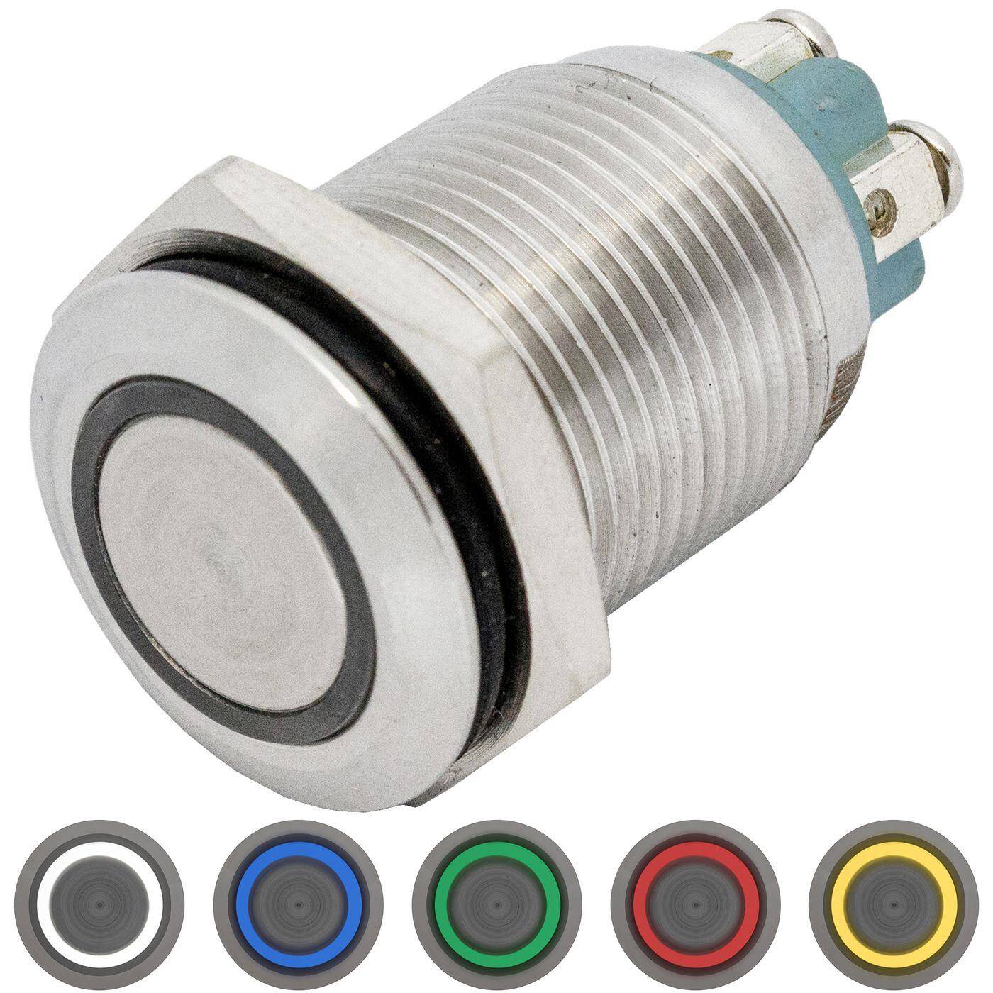 Lumonic Edelstahl Drucktaster flach 16mm Durchmesser I Mit einer Ring LED in Kalt-Weiß Maße: Schraubanschluss 250V 3A I Vandalismussicher nach dem IP65 Standard