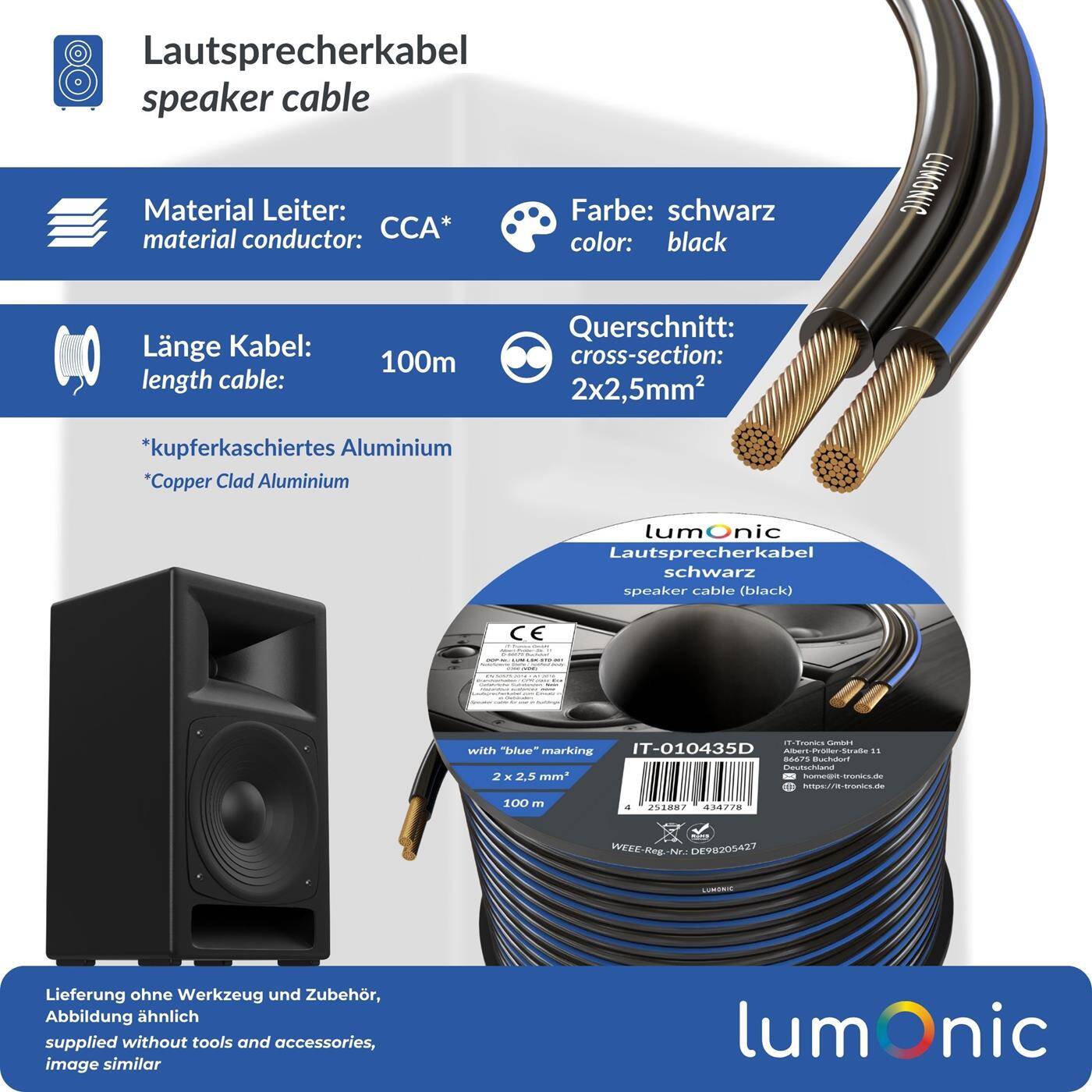100m Lautsprecherkabel 2x 2,5mm² Schwarz CCA HiFi Boxenkabel Audio Zwillingsleitung