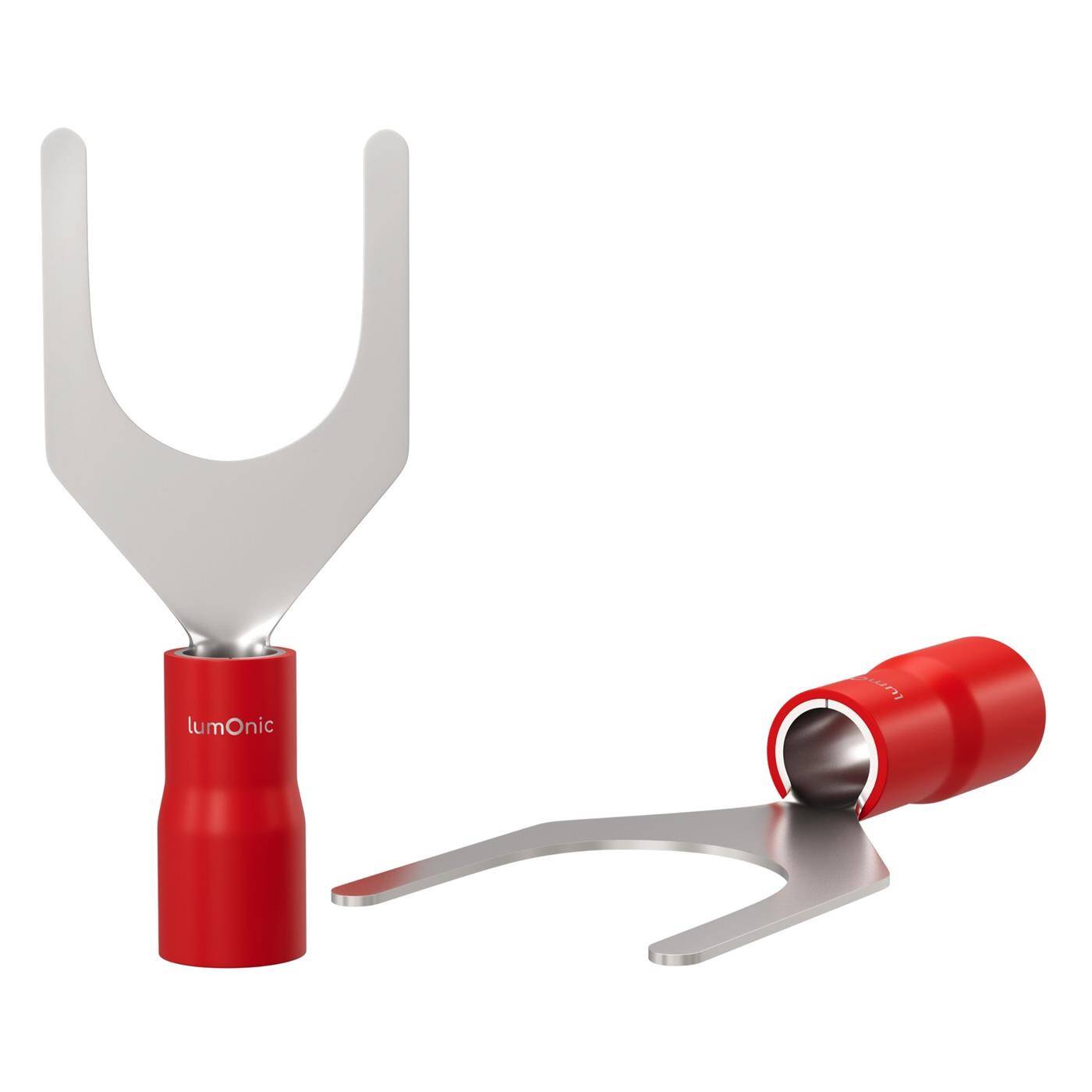 Lumonic 25x Gabelkabelschuh 0,5-1,5mm² teilisoliert | M6 | Kupfer verzinnt | sichere Kabelverbindung ohne Löten | Set mit 25 Stück Crimp-Kabelschuh, Quetschverbinder | KFZ, Maschinenbau, Wohnmobil, Batterie