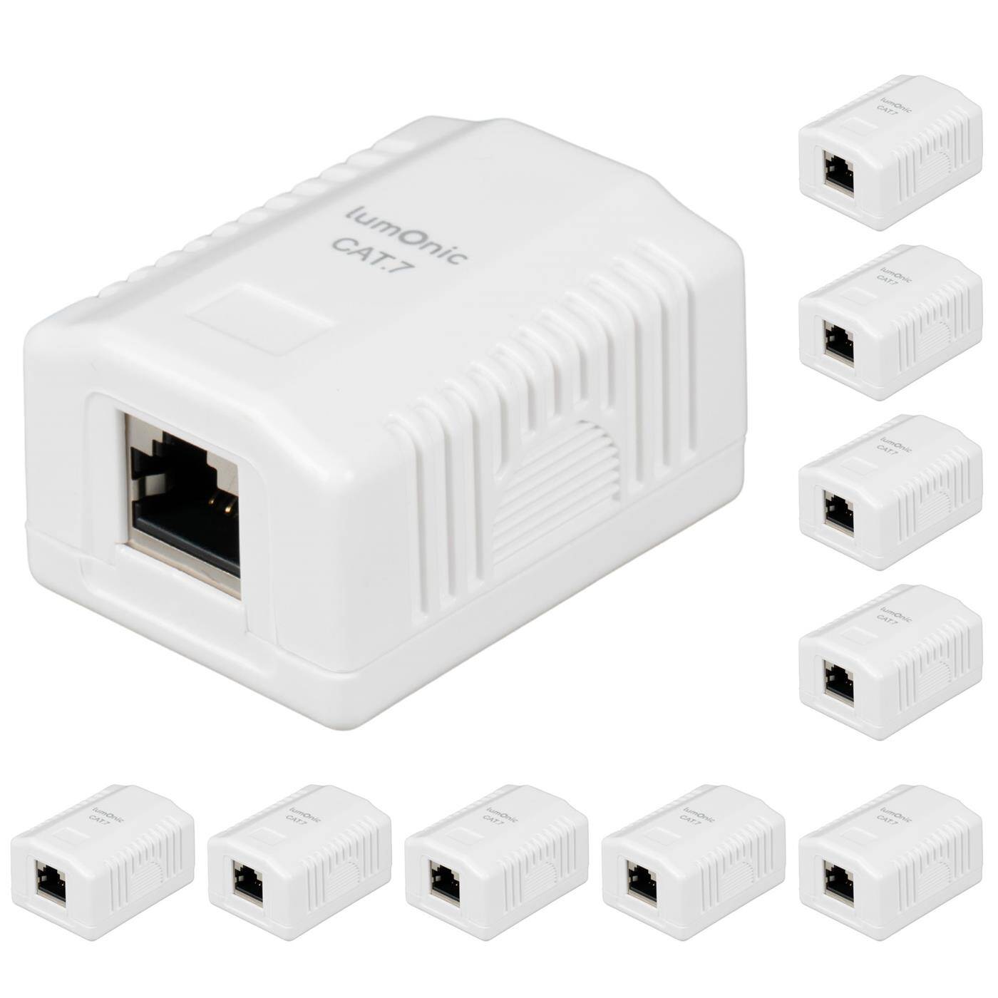 10er Set Netzwerkdose Aufputz CAT7, 1-Port RJ45, Anschluss unten, ohne Stemmen nachrüsten, LSA-Montage, T568A/B farbcodiert, ABS Kunststoffgehäuse, weiß, Ethernet-Dose bis zu 10 Gbit/s