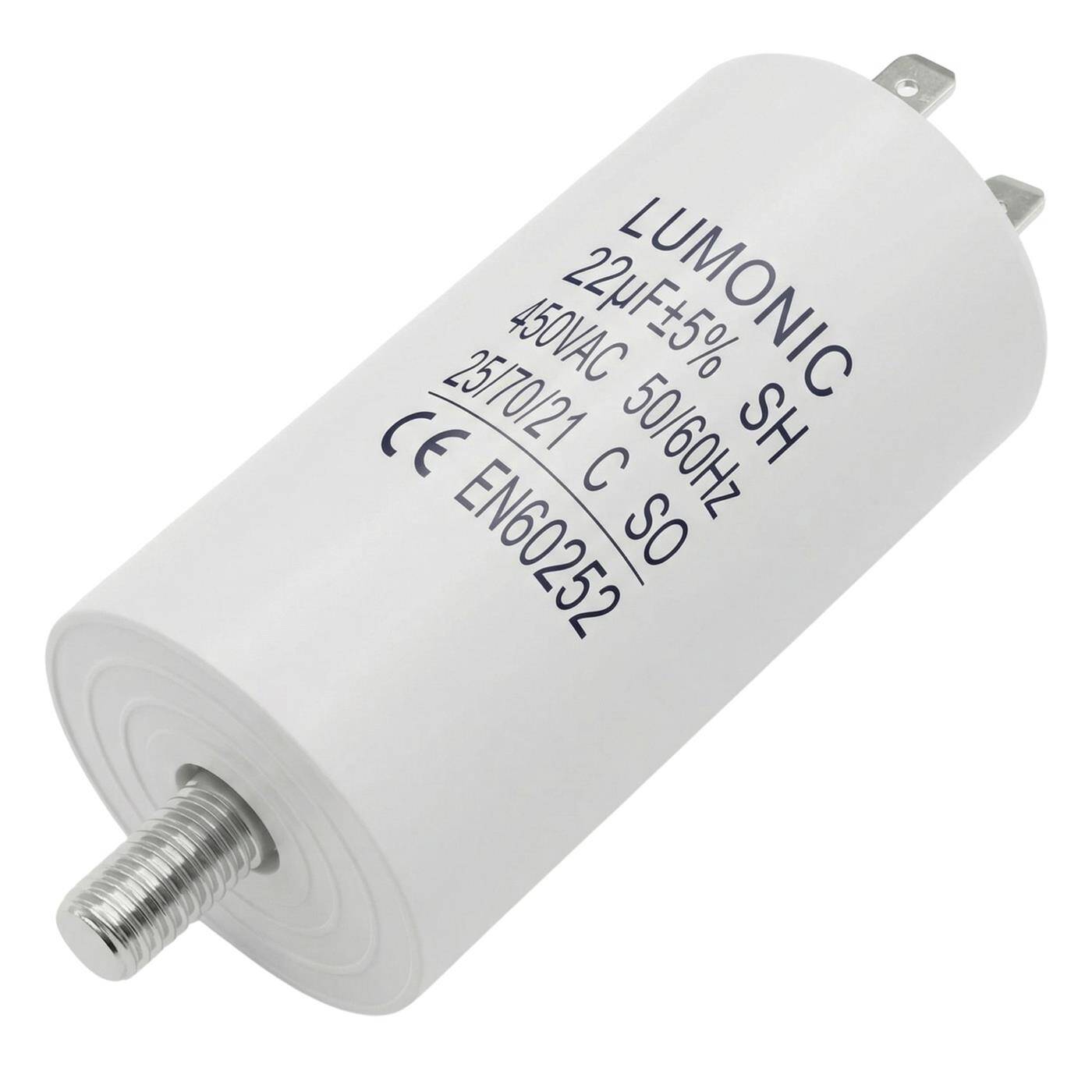 Lumonic Anlaufkondensator 22µF 450V | mit Stecker I 38x75mm I 22uF I Motorkondensator mit Kunststoffgehäuse I Betriebskondensator I für Pumpen, Rasenmäher, Werkzeuge