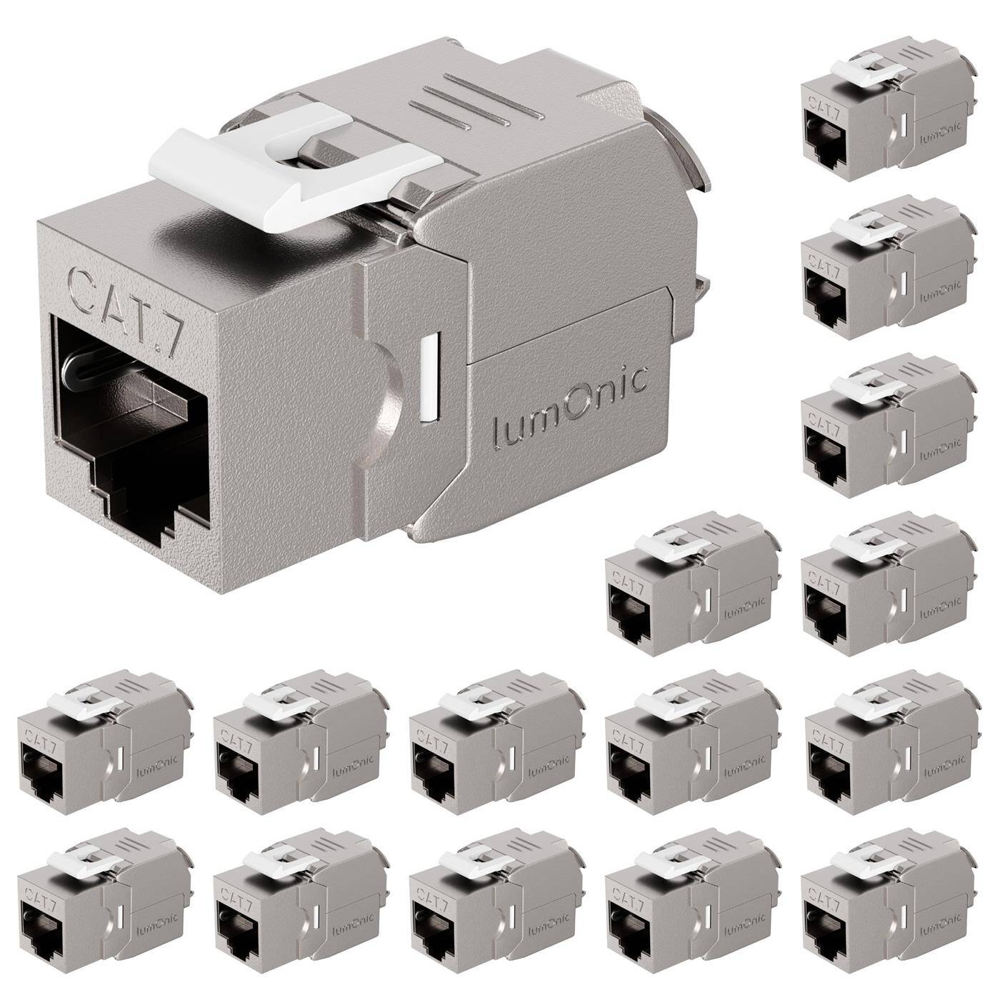 16er Set Keystone RJ45 CAT7, schnelle, werkzeuglose Montage, T568A/B farbcodiert, für Wanddose + Patchpanel, PoE++, bis 10Gbit/s, 360° Schirmung, Zugentlastung mit Kabelbinder, Metallgehäuse, Jack Modul