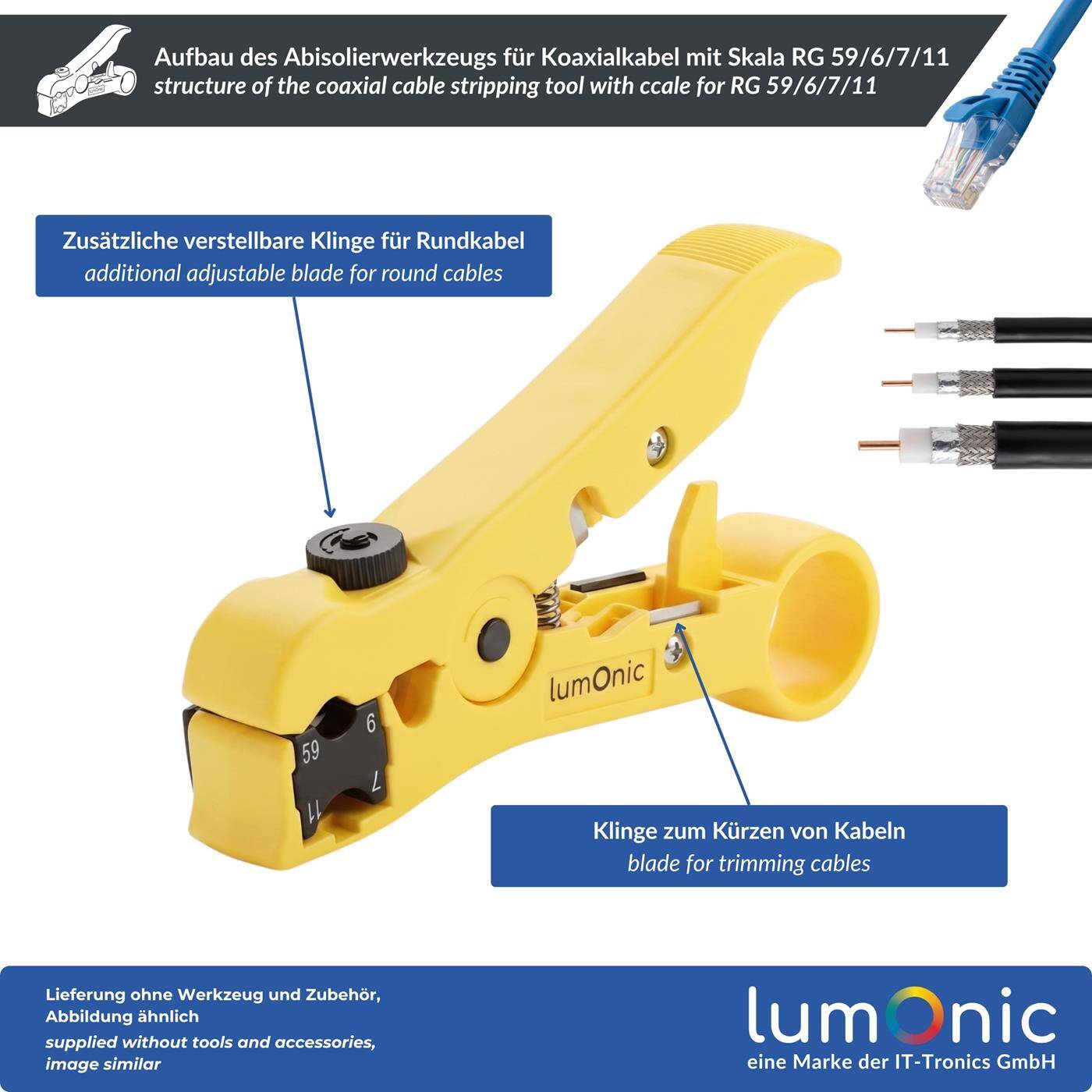 Lumonic Abisolierwerkzeug für Koaxialkabel mit Skala RG 59/6/7/11 - Abisolierzange, Daumenring, Drehrad für die passende Kabelstärke, Metallklingen, einstellbare Zusatzklinge für Rundkabel