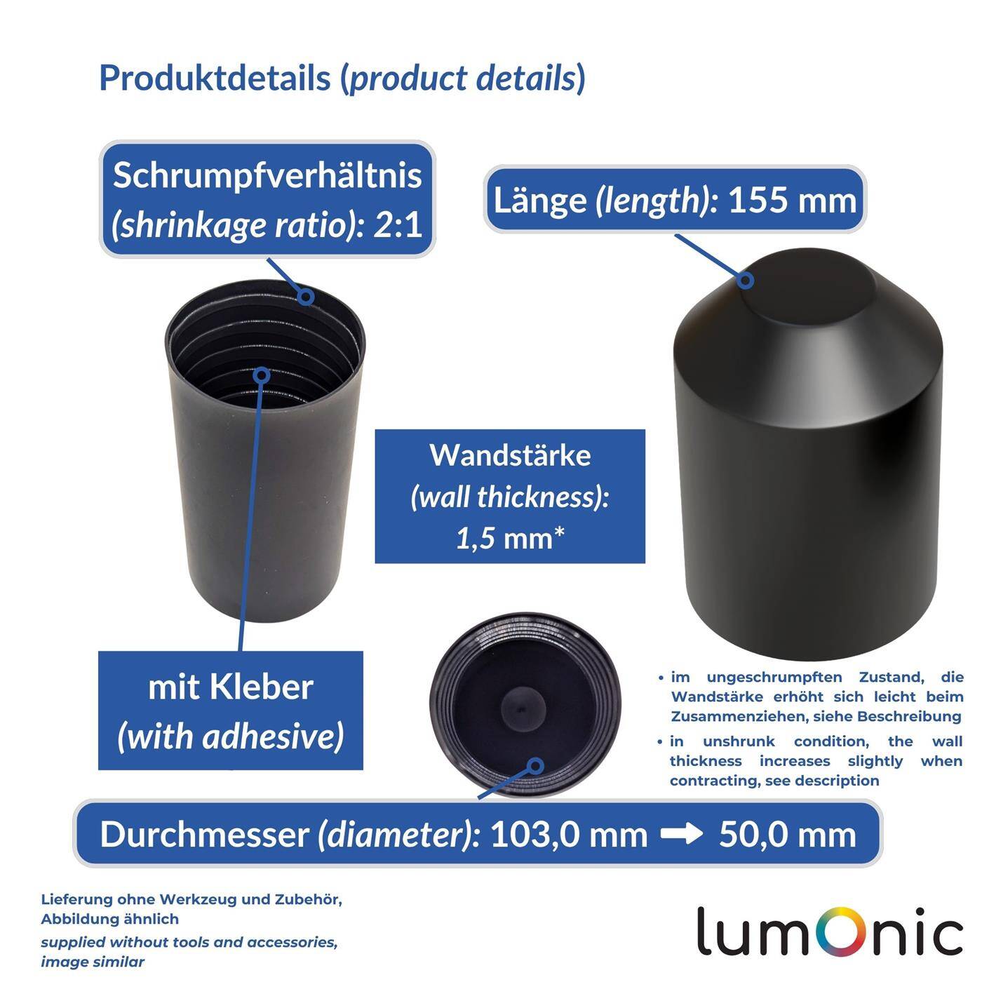 Warmschrumpf Endkappe mit Kleber 103 -> 50mm schwarz Verhältnis 2:1 vernetztes Polyolefin Schrumpfkappe für Kabel, Rohre und Seile