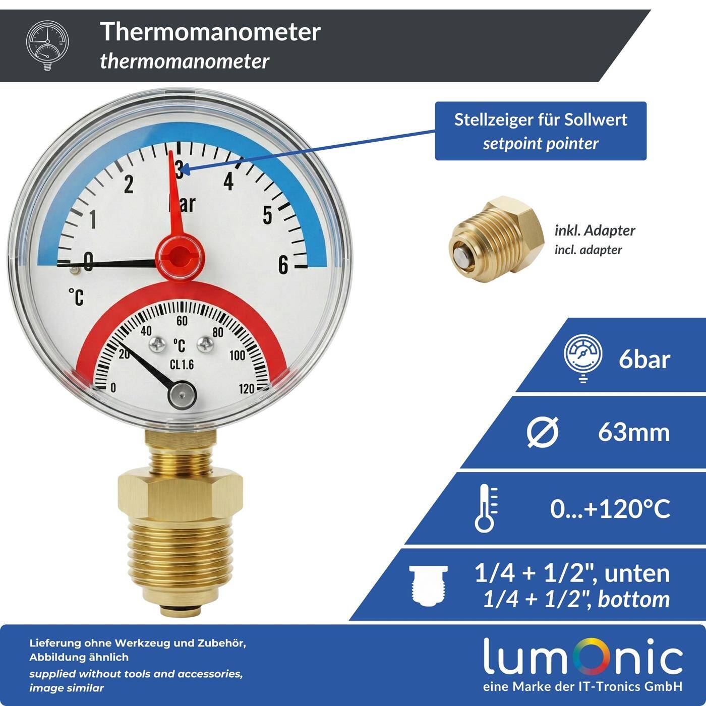 Thermomanometer 6bar 0-120°C 1/4 + 1/2 inch (adapter) Bottom connection Ø 63mm large scale Heating pressure gauge Metal housing