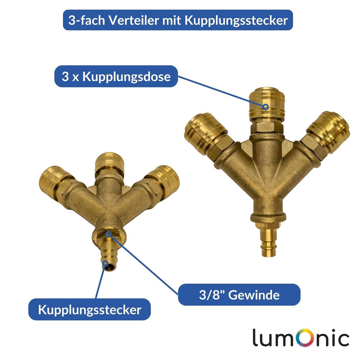 Lumonic I Compressed air distributor 3-fold I complete with coupling plug I made of brass I Internal thread 3/8" I Compressed air diverter I Quick coupling I Multiple distributor I for workshops, businesses and DIY enthusiasts