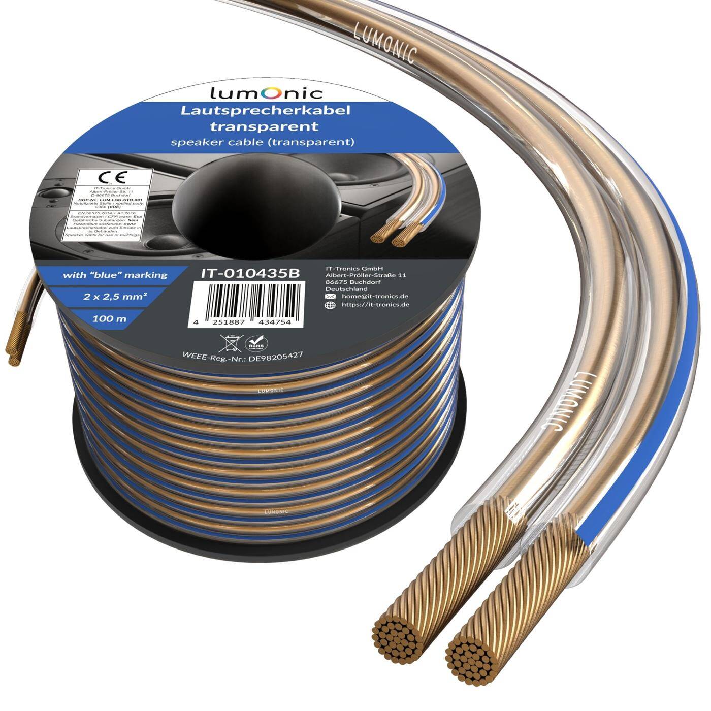 Lumonic Lautsprecherkabel | 100m Transparent | 2x 2,5mm² CCA | blaue Markierung HiFi Boxenkabel | Audio Zwillingsleitung