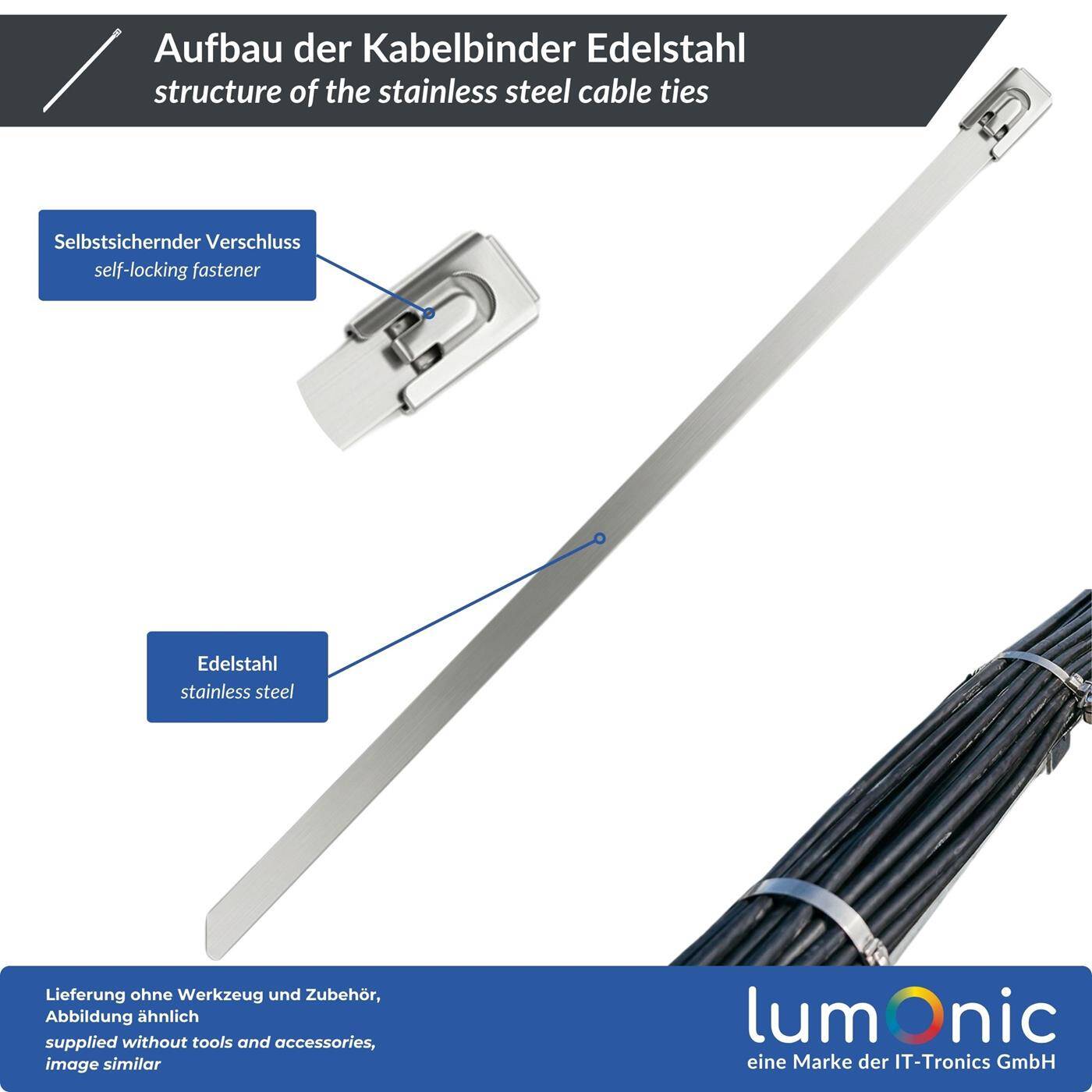 Lumonic Kabelbinder Edelstahl | 200 × 4,6mm | extra stark, bis 46kg Zugfestigkeit | bis 500°C, UV-Beständig & Wetterfest | Kabelbinder Metall für Outdoor, Solar, Auspuff & Zaun