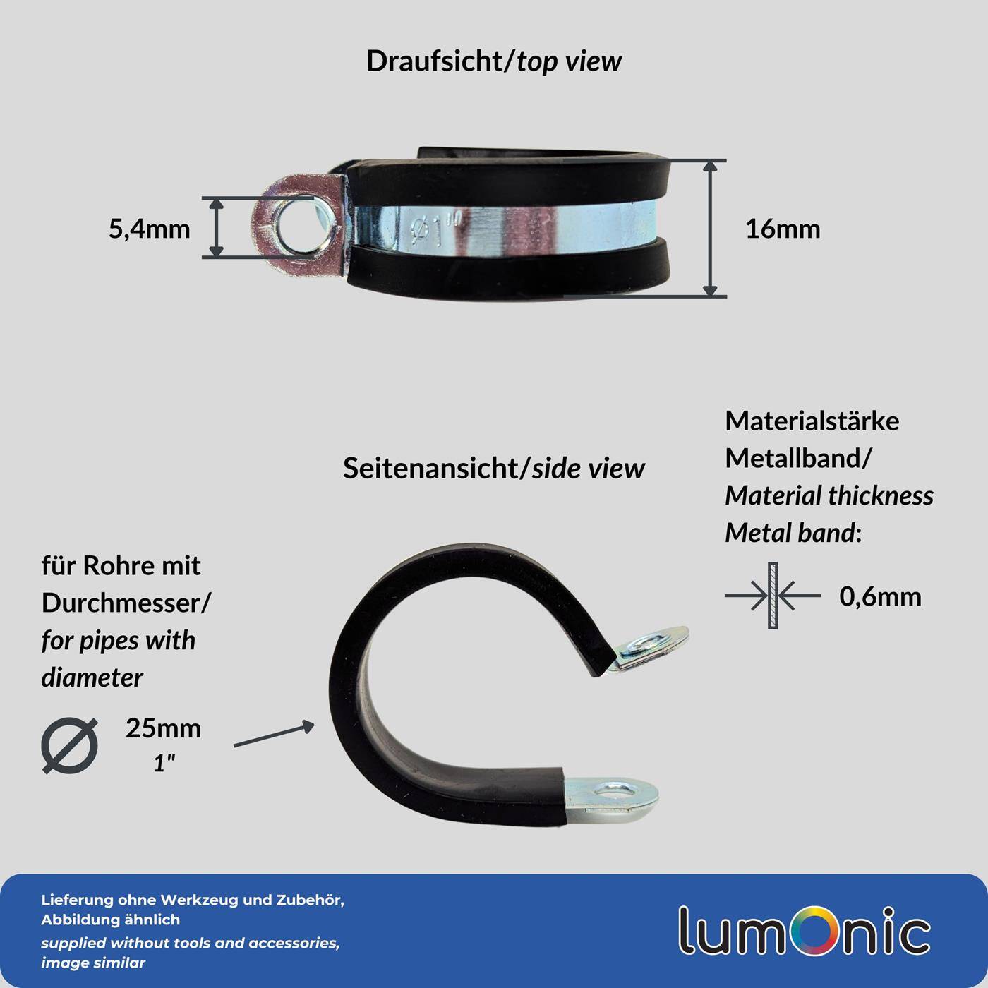 Lumonic 10x 25mm Rohrschellen mit Gummieinlage I Kabelschellen zum Schrauben I Schlauchschelle 25mm, Rohrschellen, Befestigungsschelle 25mm, Rohrhalterung