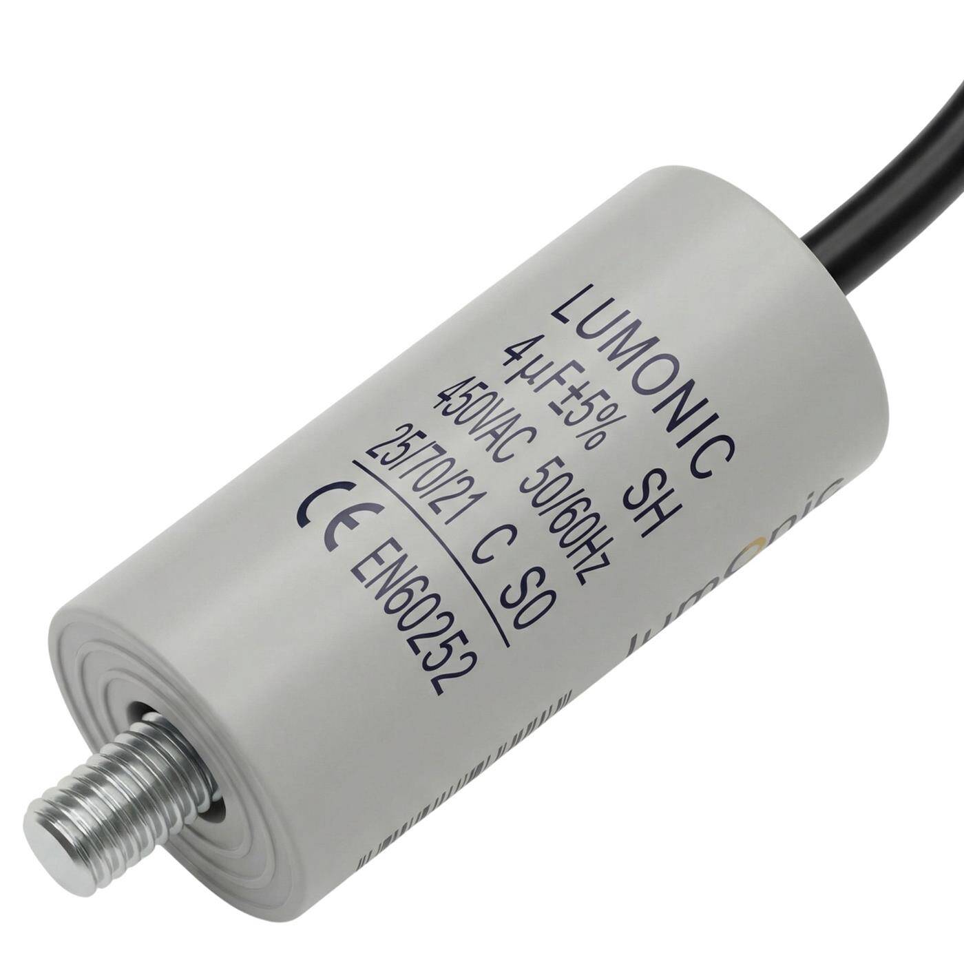 Lumonic Anlaufkondensator 4µF 450V | mit Kabel I 26x55mm I 4uF I Motorkondensator mit Kunststoffgehäuse I Betriebskondensator I für Pumpen, Rasenmäher, Werkzeuge