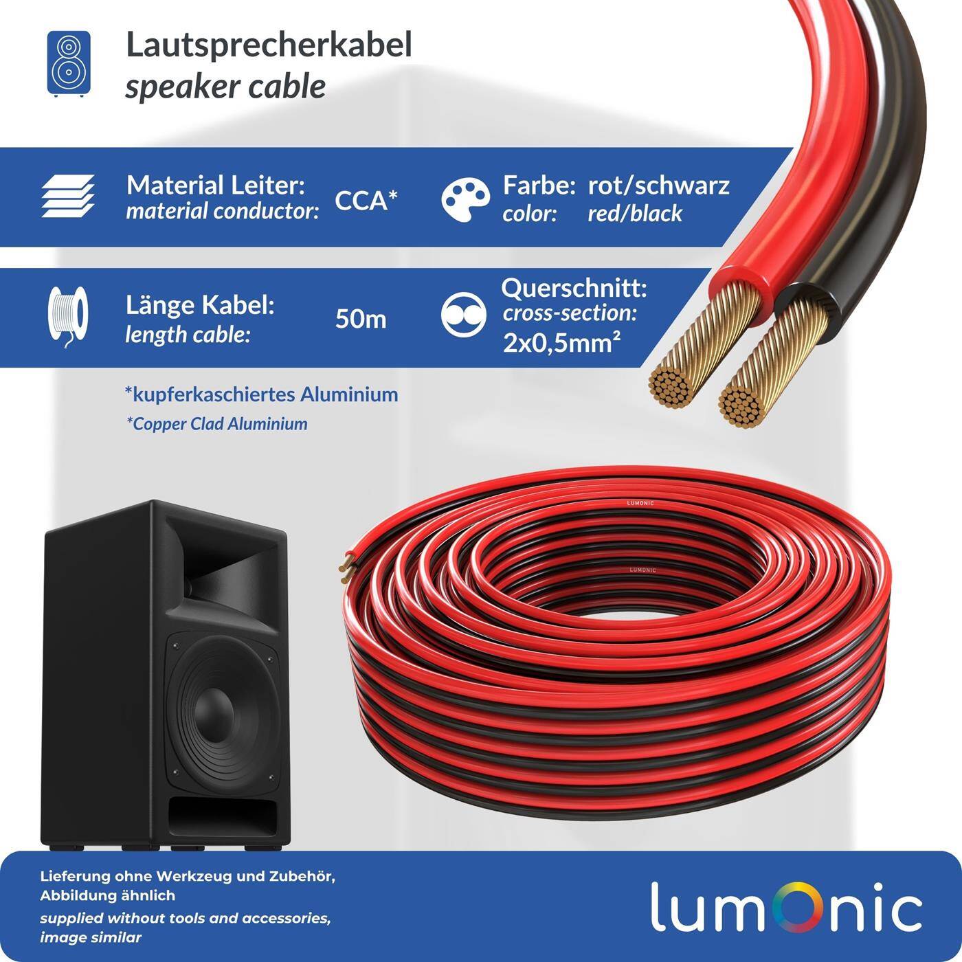 Lumonic Lautsprecherkabel | 50m Rot Schwarz | 2x 0,5mm² CCA | HiFi Boxenkabel | Audio Zwillingsleitung