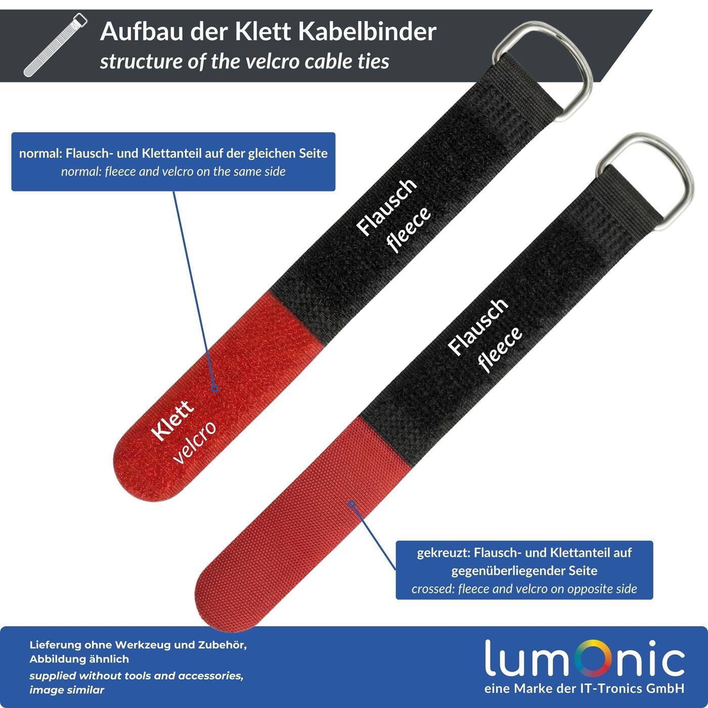 10x Klett Kabelbinder 200 x 20mm Schwarz Blau normal  Klettbinder