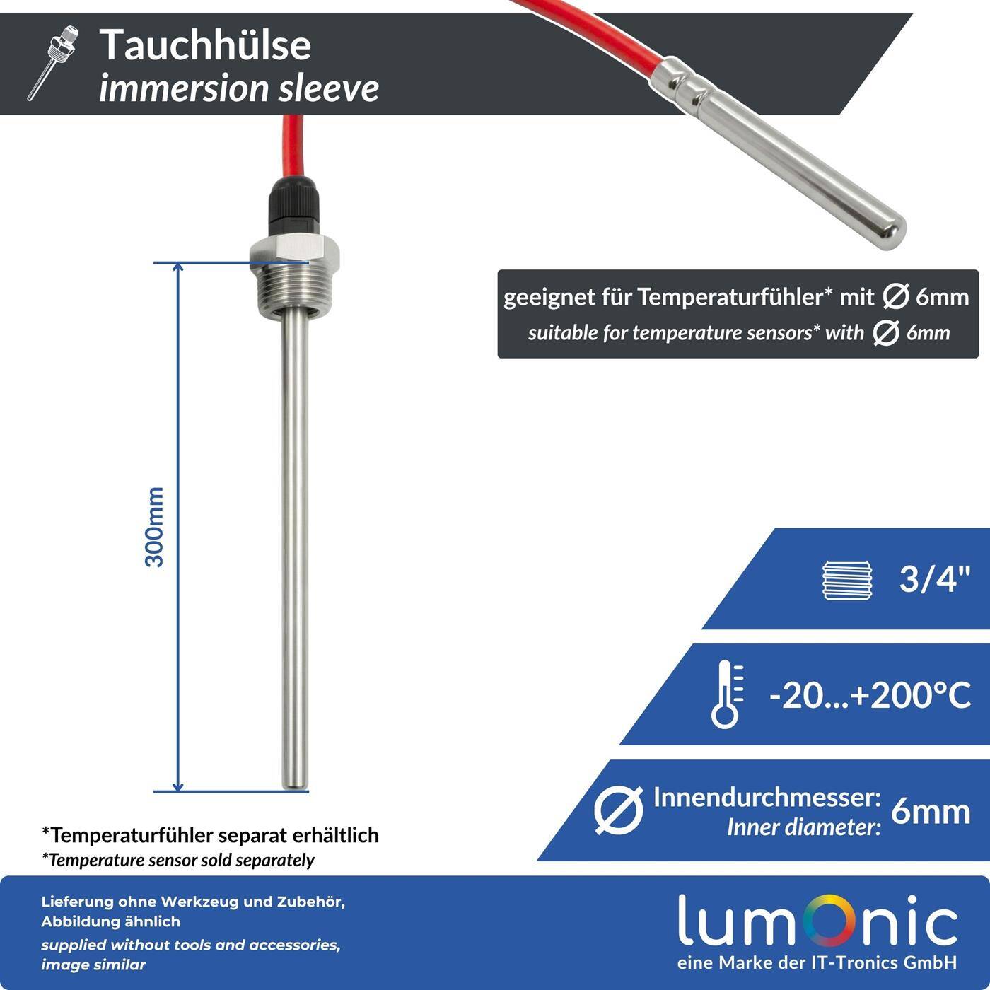 Lumonic Immersion sleeve V2A stainless steel 3/4 inch | 300mm Installation length | Perfect fit for 6mm temperature sensors | for buffer storage, heating, solar + smart home