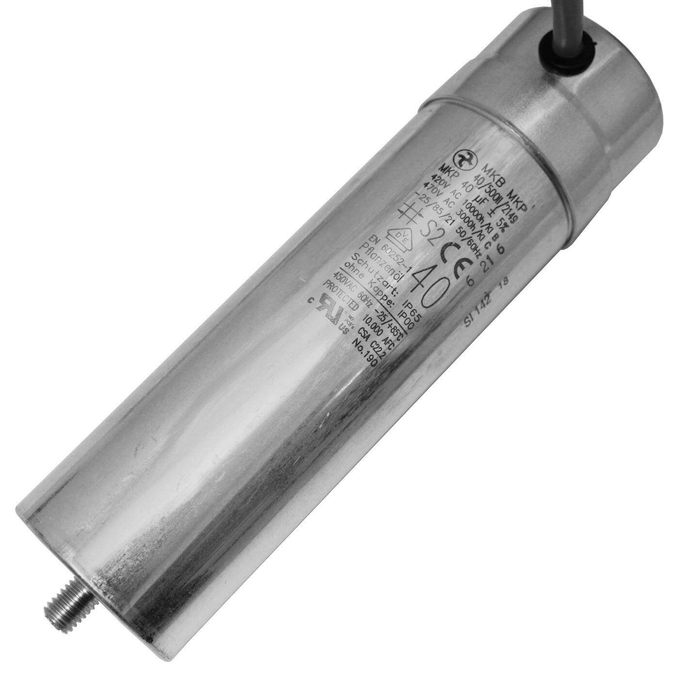Lumonic Anlaufkondensator Hydra MKP-500 40-C inkl. Kabel 40cm | Motorkondensator 40µF 420V 45x165mm I Kondensator mit hochwertigem Metallgehäuse