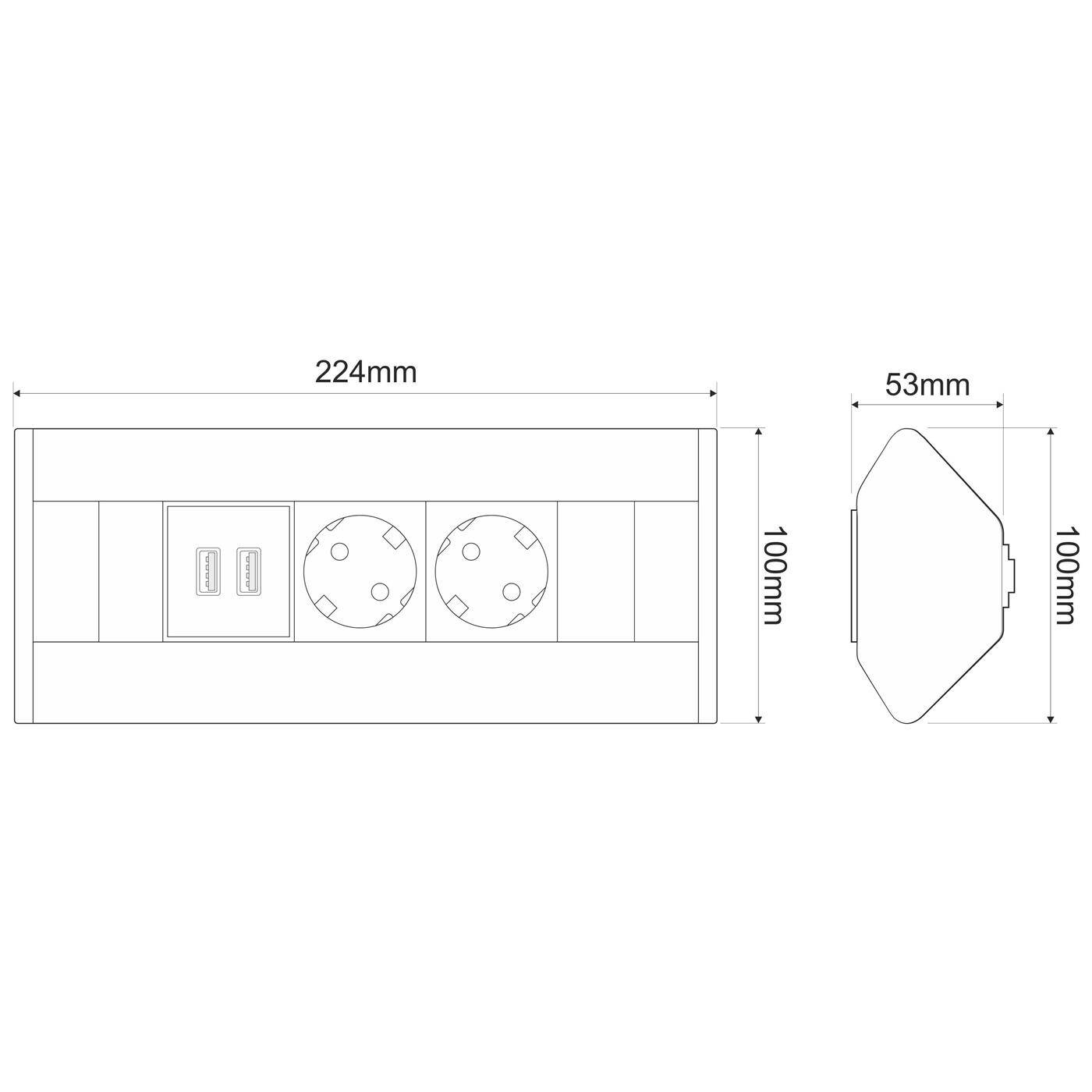 CornerBox 2x Schuko + 1x USB 2,4A + 1x Typ C Tisch Ecksteckdose Tischsteckdose Aluminium