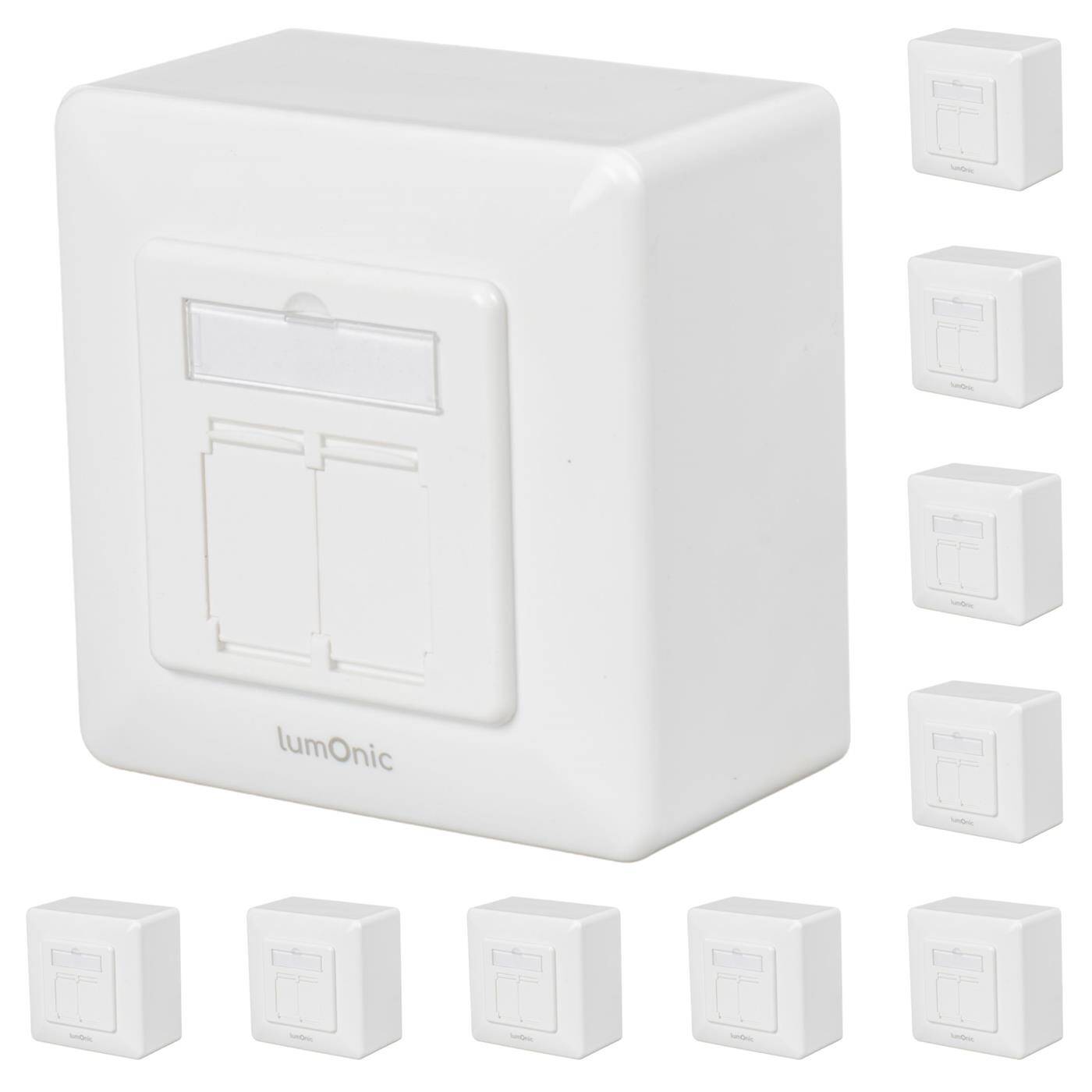 10er Set Netzwerkdose Aufputz CAT7, 2-Port RJ45, ohne Stemmen nachrüsten, LSA-Montage, T568A/B farbcodiert, ABS Kunststoffgehäuse, weiß, Ethernet-Dose bis zu 10 Gbit/s