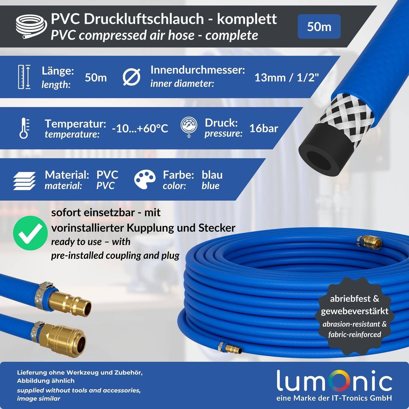 50m Compressed air hose with quick coupling 13mm PVC Compressed air extension Can ready-made Flexible, abrasion-resistant and fabric-reinforced